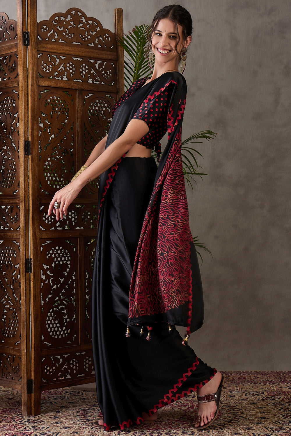 Black Pure Gaji Silk Satin Printed Saree