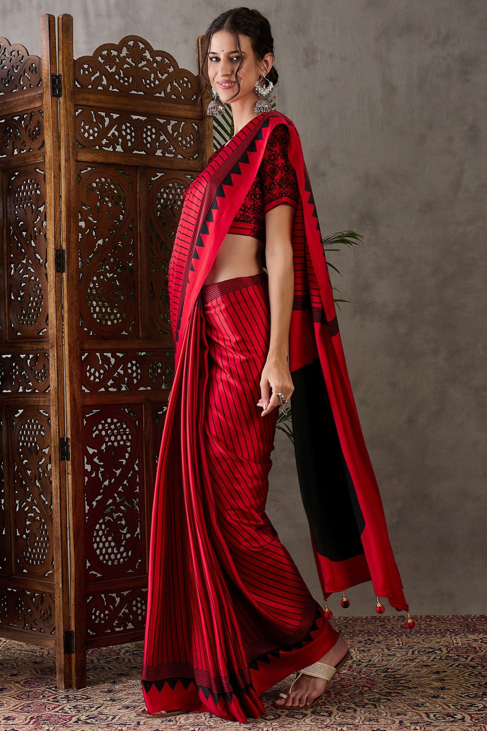 Rose Red Printed Satin Gaji Silk Saree