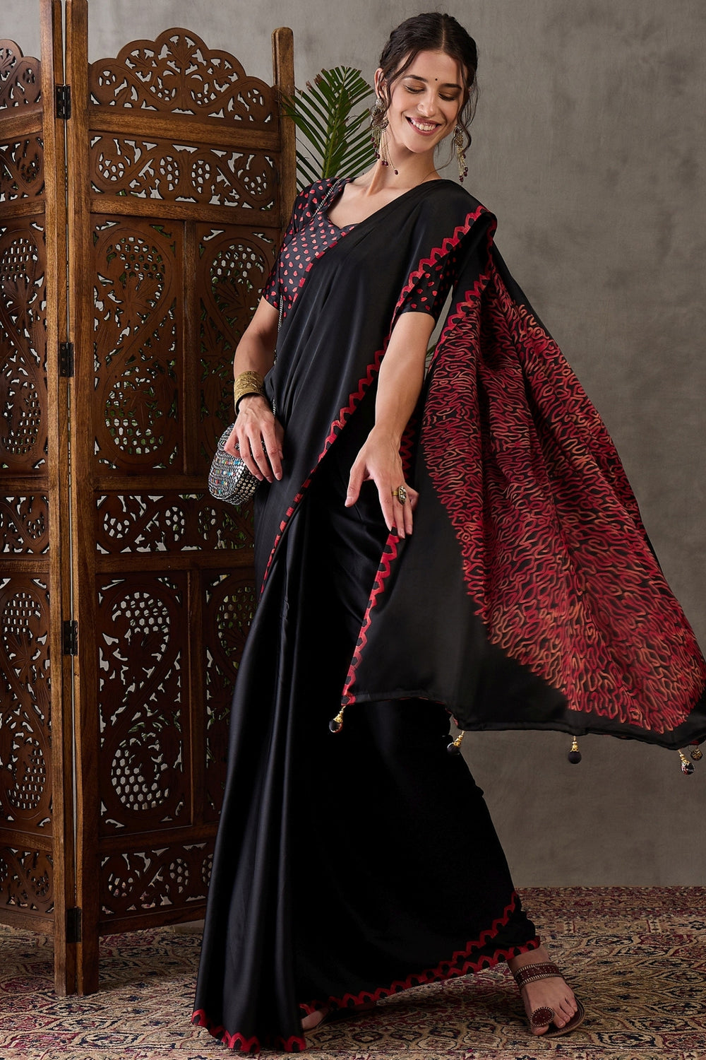 Black Pure Gaji Silk Satin Printed Saree