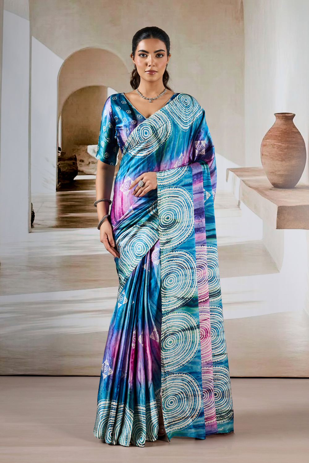 Blue Modal Satin Hand Prism Print Saree