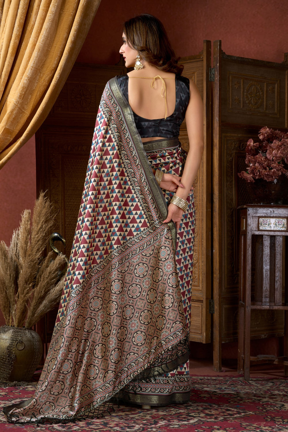 Multicolor White Pure Cluster Silk Ajarkh Digital Printed Saree