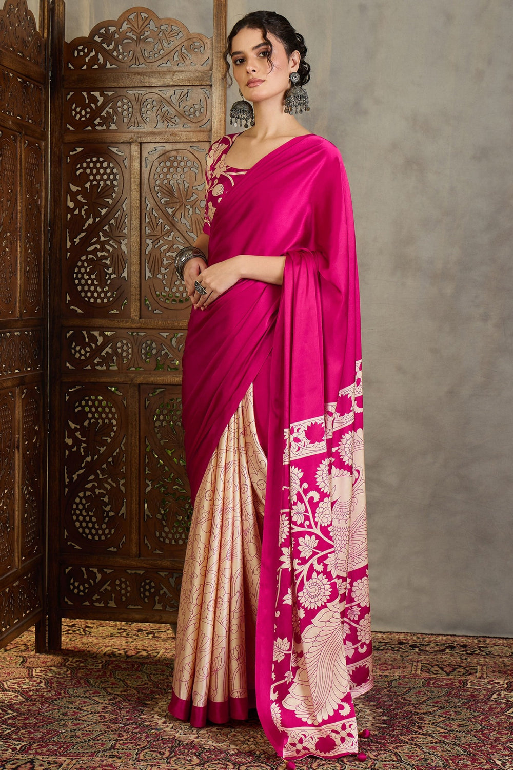 Pink Kalamkari Printed Satin Silk Saree