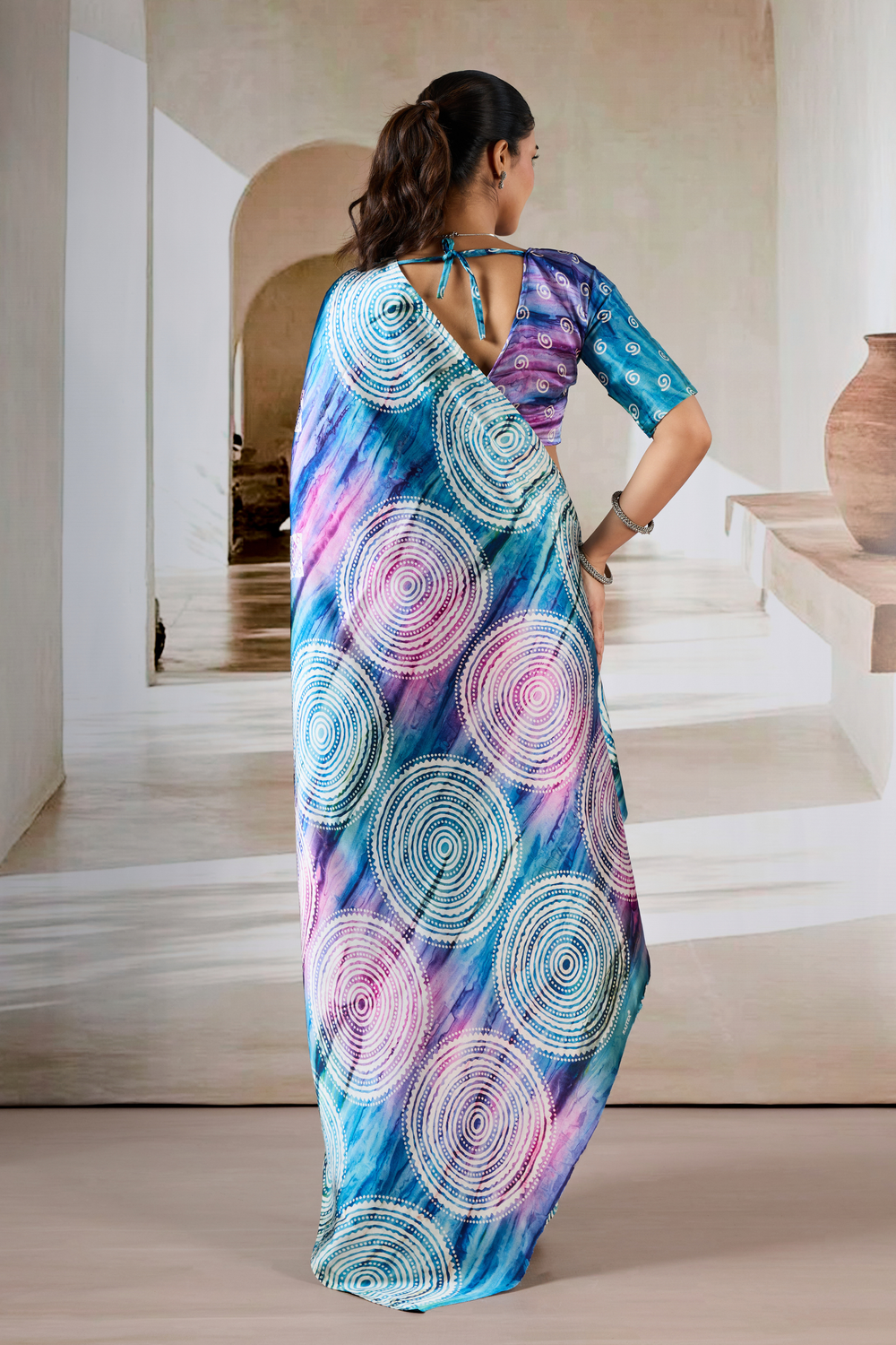 Blue Modal Satin Hand Prism Print Saree