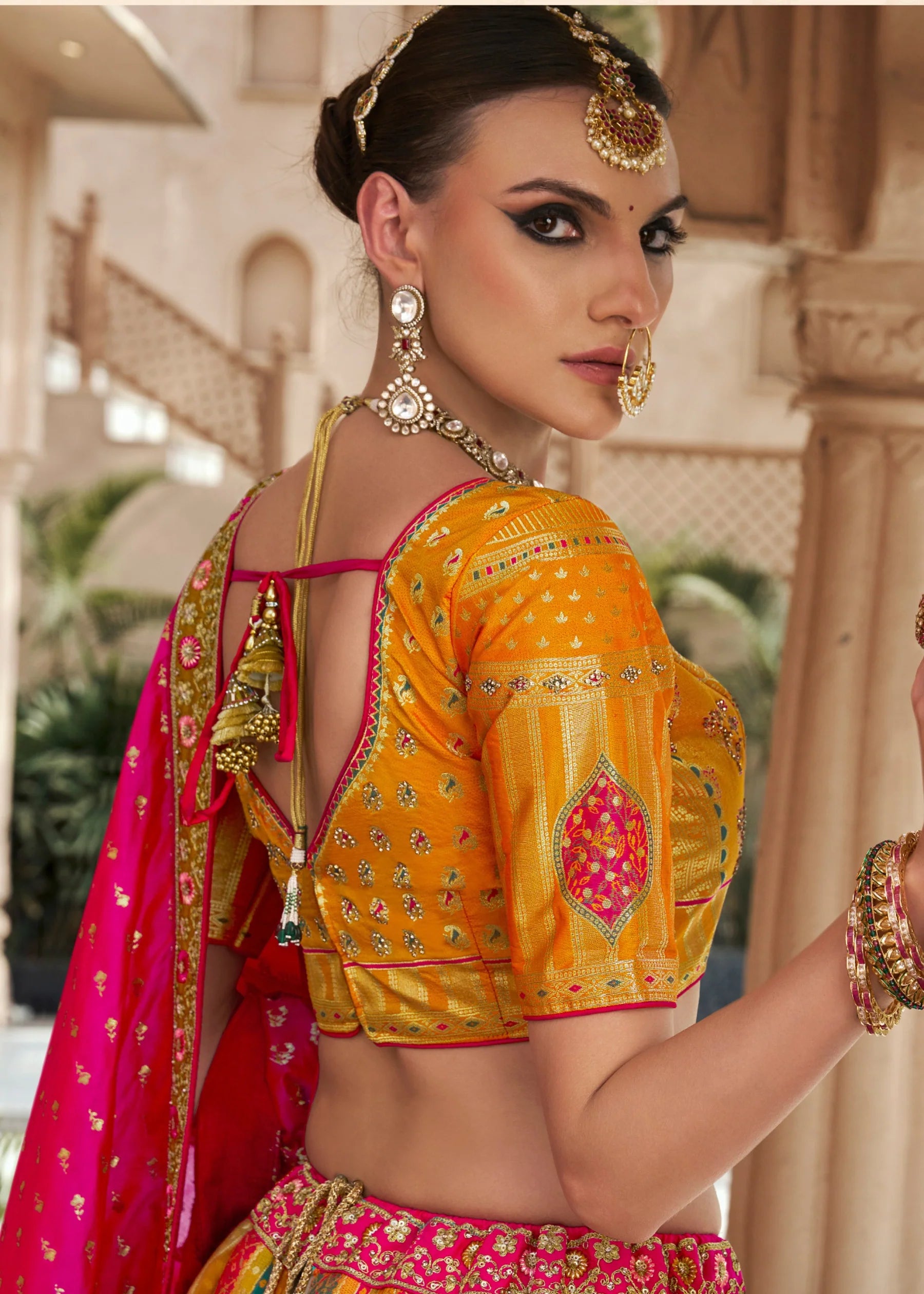 Yellow & Pink Banarasi Silk Lehenga Choli with Zarkan Work