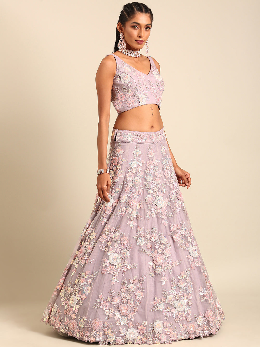 Mauve Net Floral Sequins Lehenga Choli with Heavy Zarkan Embroidery and Dupatta