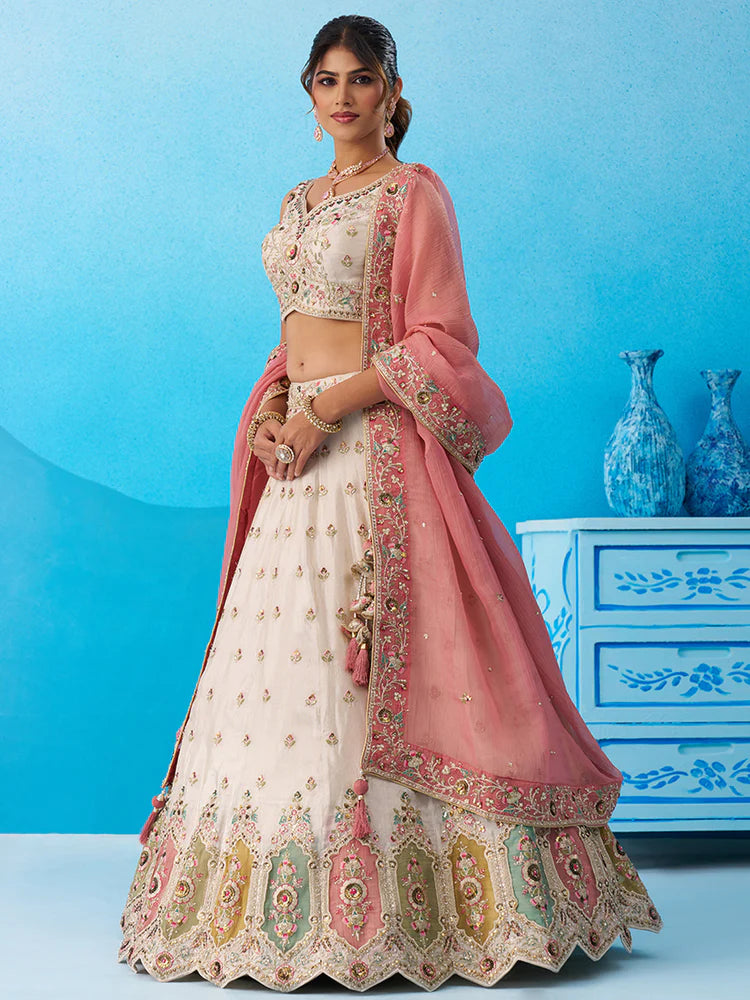 Cream Pink Tissue Silk Sequins Embroidered Lehenga Choli with Dupatta