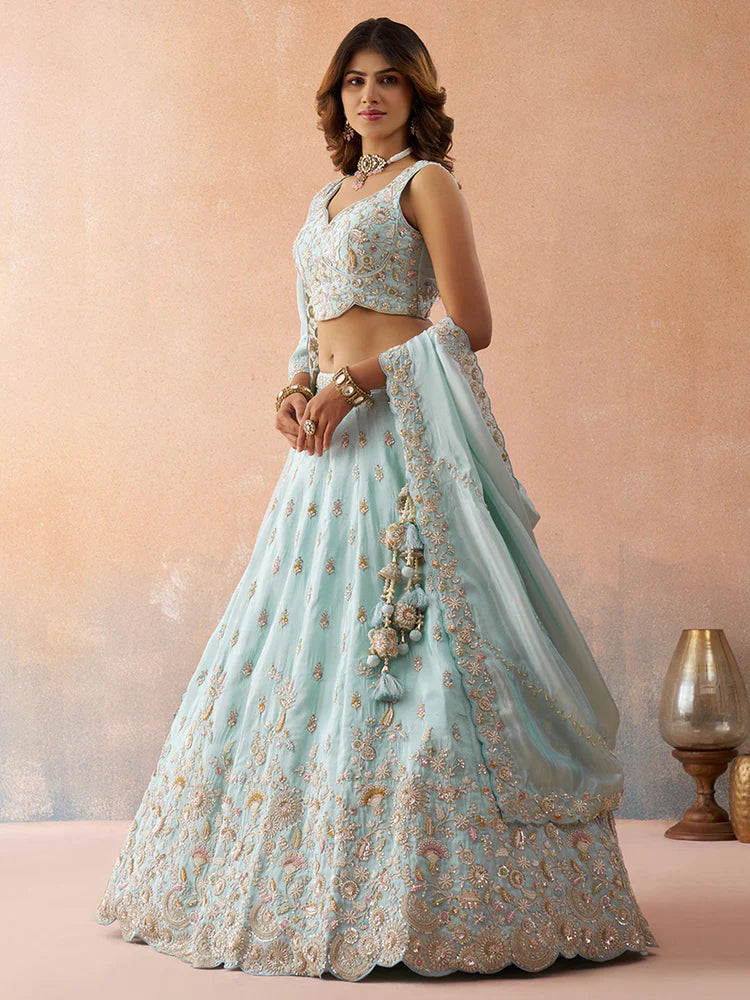 Sky Blue Tissue Silk Sequins Embroidered Lehenga Choli with Dupatta