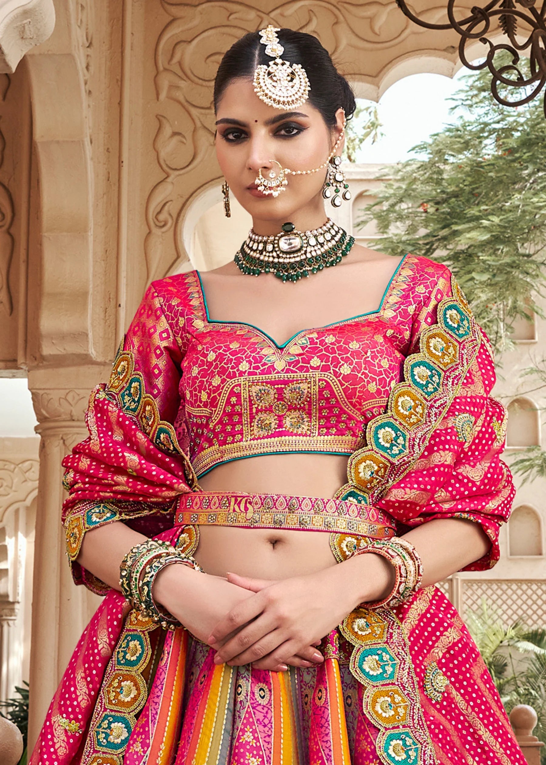 Rani Pink Multicolor Banarasi Silk Lehenga Choli with Zarkan Work