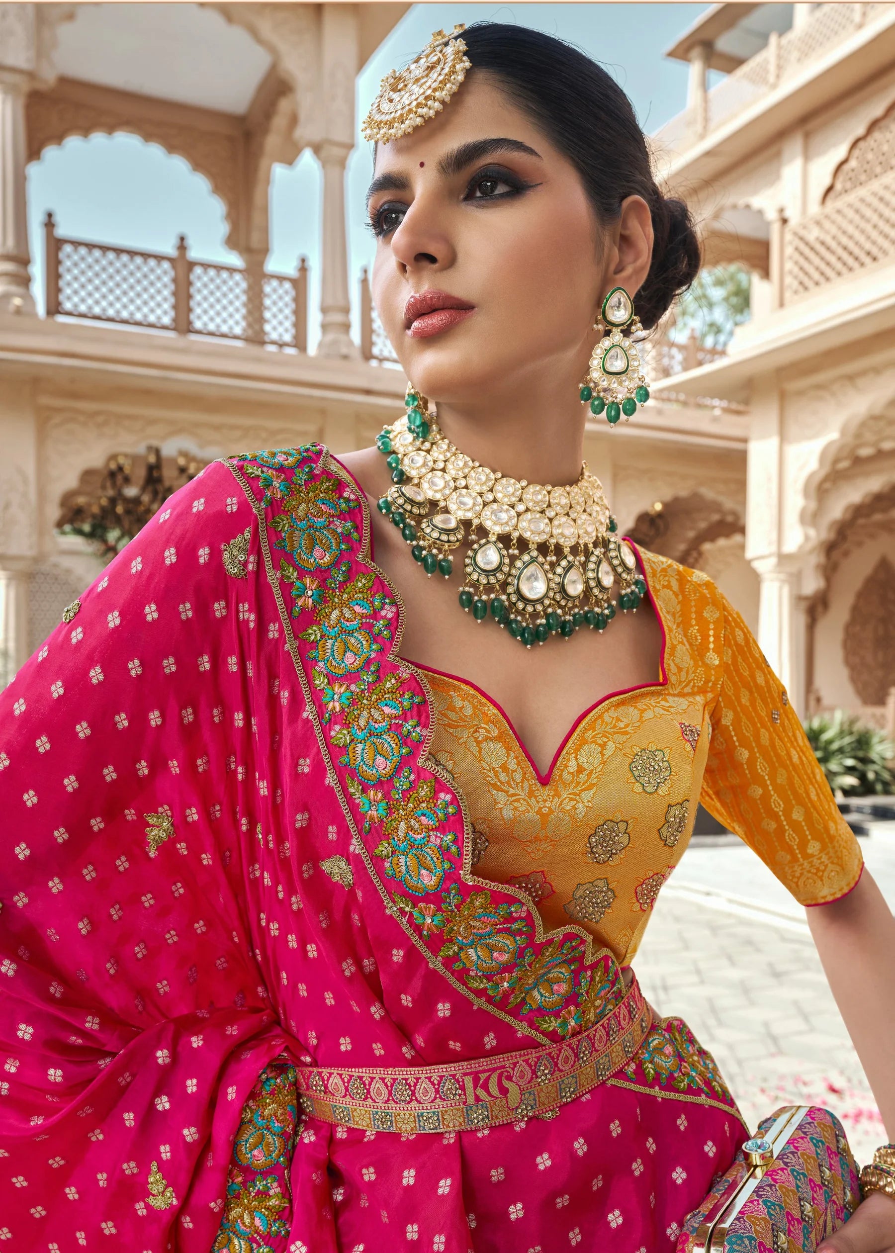 Rani Pink & Yellow Banarasi Silk Lehenga Choli with Zarkan Work