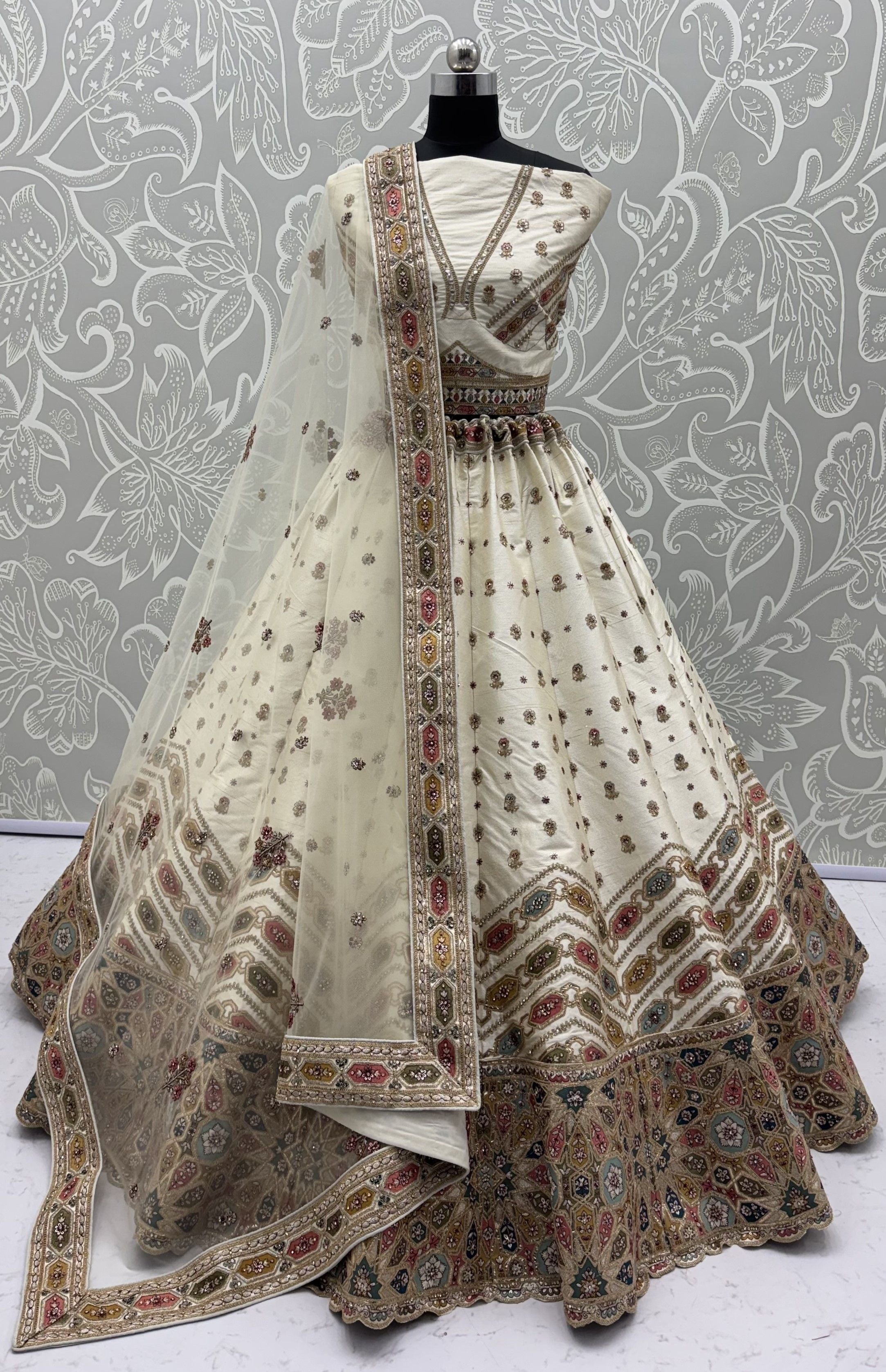 White Pure Slubb Silk Premium Dori Embroidery Sequins & Diamond Work Bridal Lehenga Choli