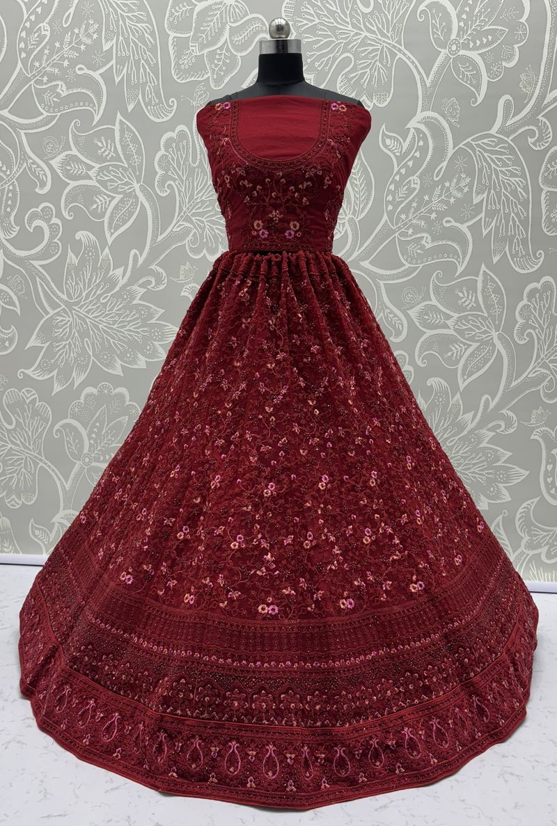 Red Pure Soft Heavy Net Sequins Embroidery Work Bridal Lehenga