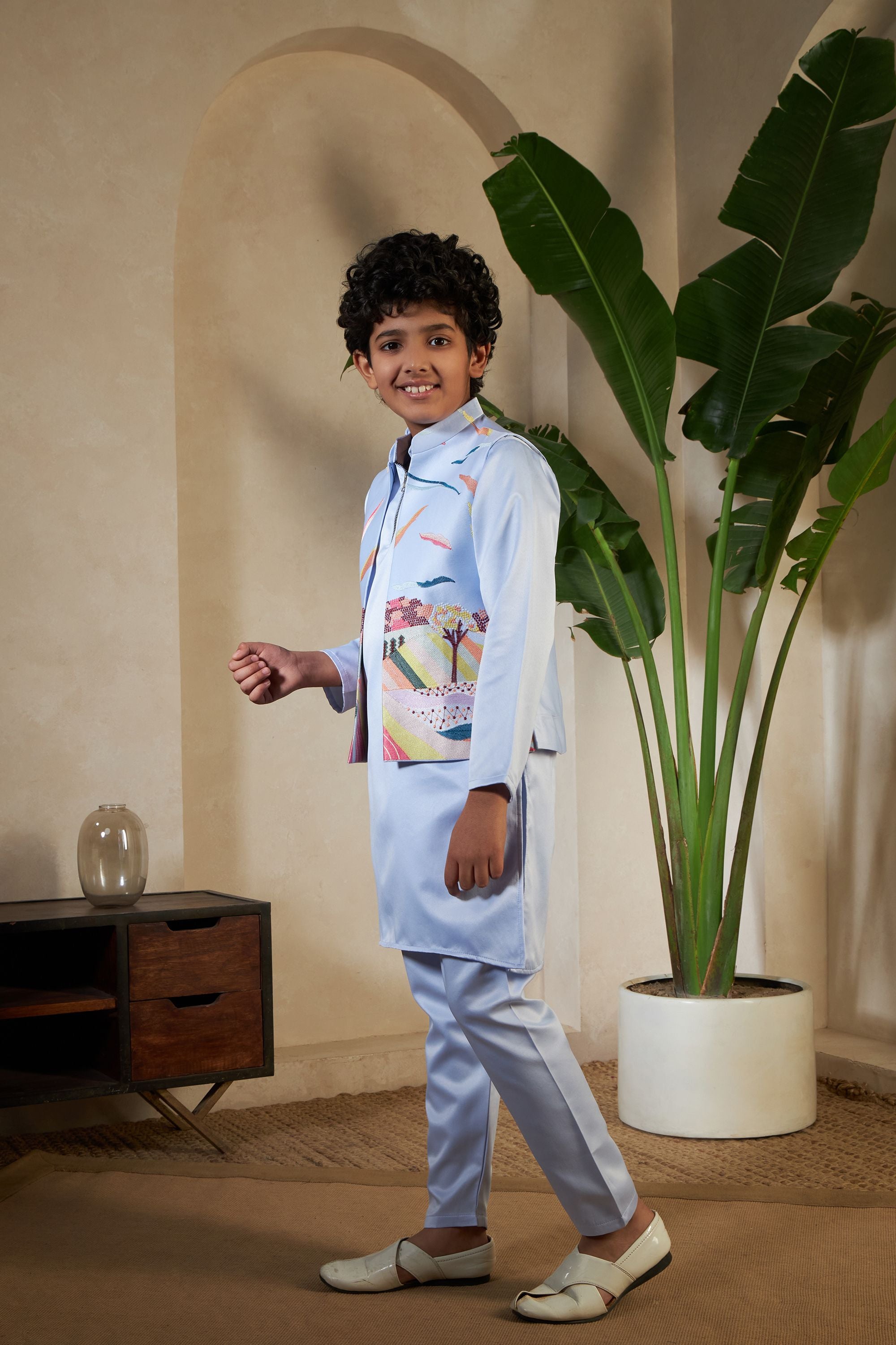 Sky Pure Satin Silk Kids Boy Kurta Pajama With Koti Jacket