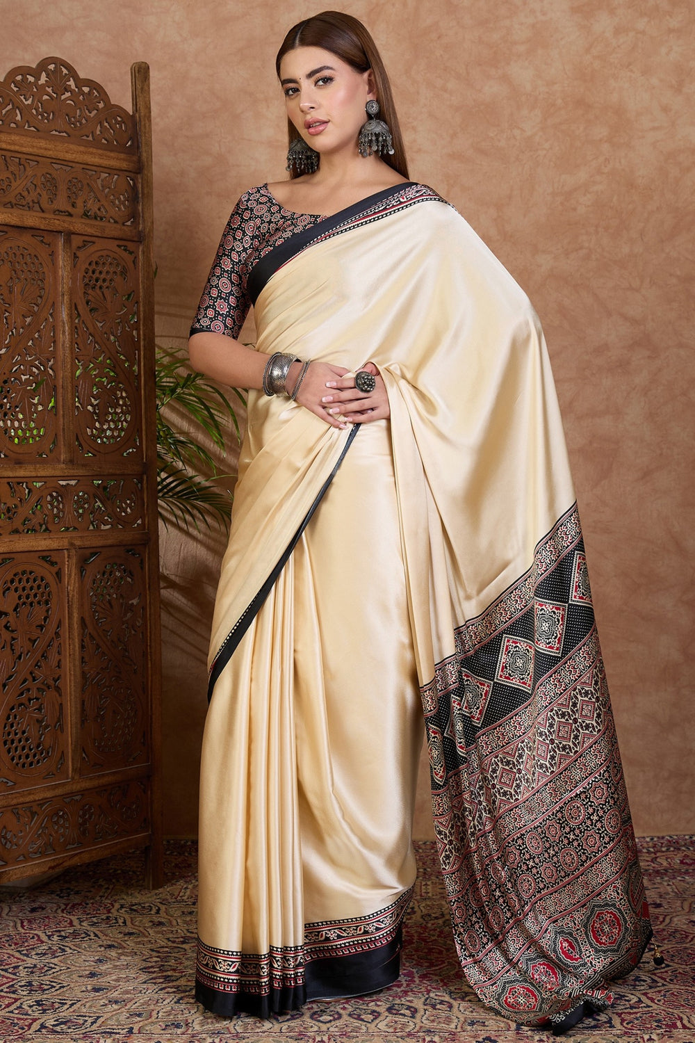 Bavarain Cream Pure Soft Modal Satin Ajrakh Print Satin Saree Japan Satin Saree Anant Tex Exports Pvt.Ltd..