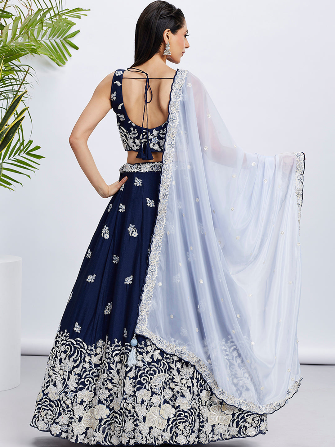Navy Blue Georgette Sequins Thread Embroidery Lehenga Choli & Dupatta
