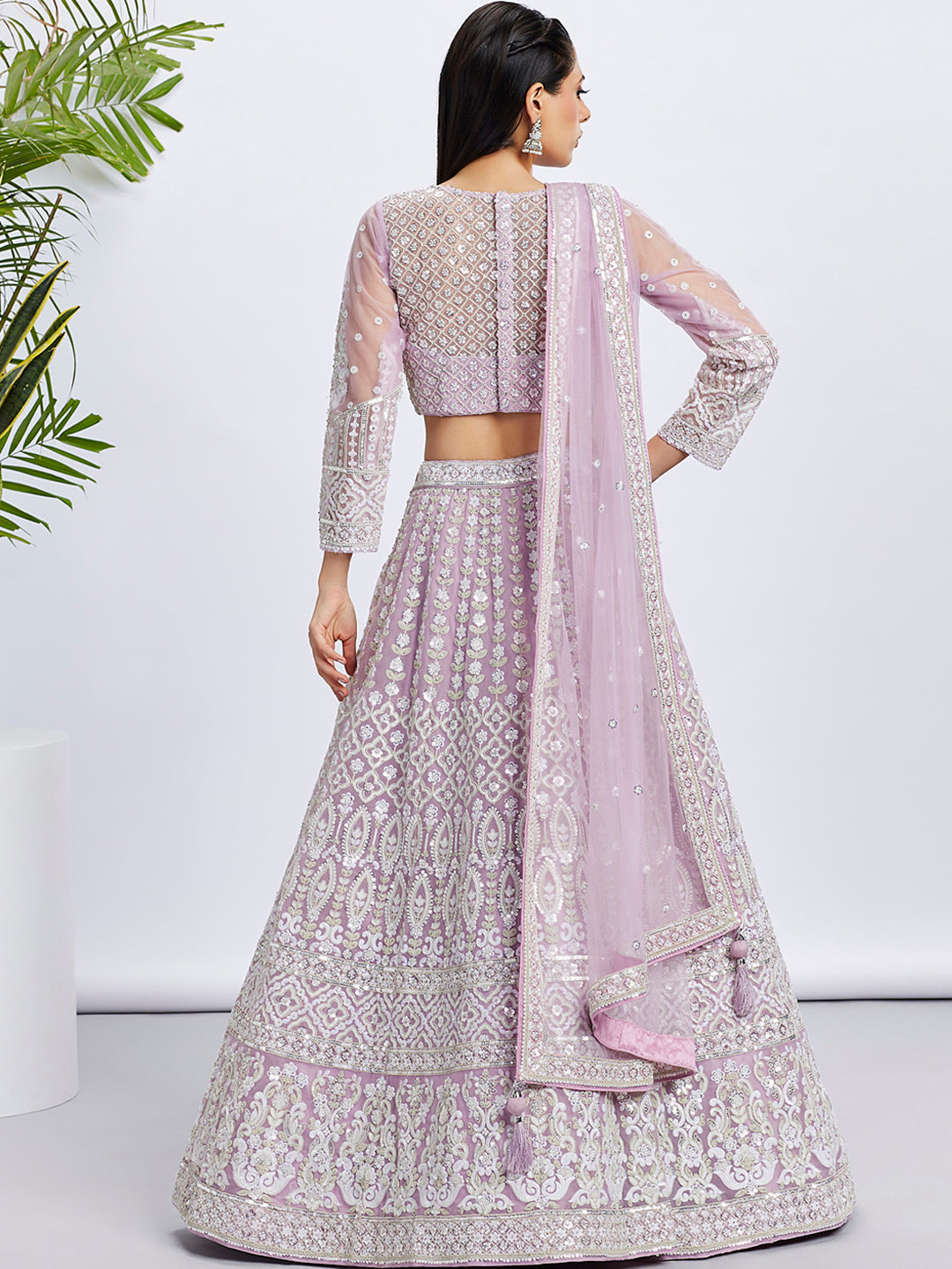 Lavender Net Sequins and Thread Embroidery Lehenga Choli & Dupatta
