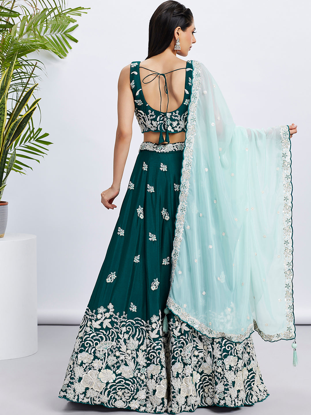 Green Georgette Sequins Thread Embroidery Lehenga Choli & Dupatta