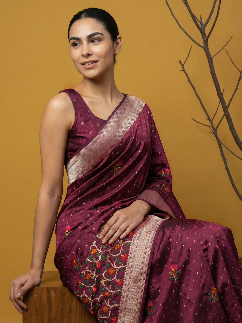 Purple Pure Organza Silk Meenakari Jamdani Zari Woven Organza Saree