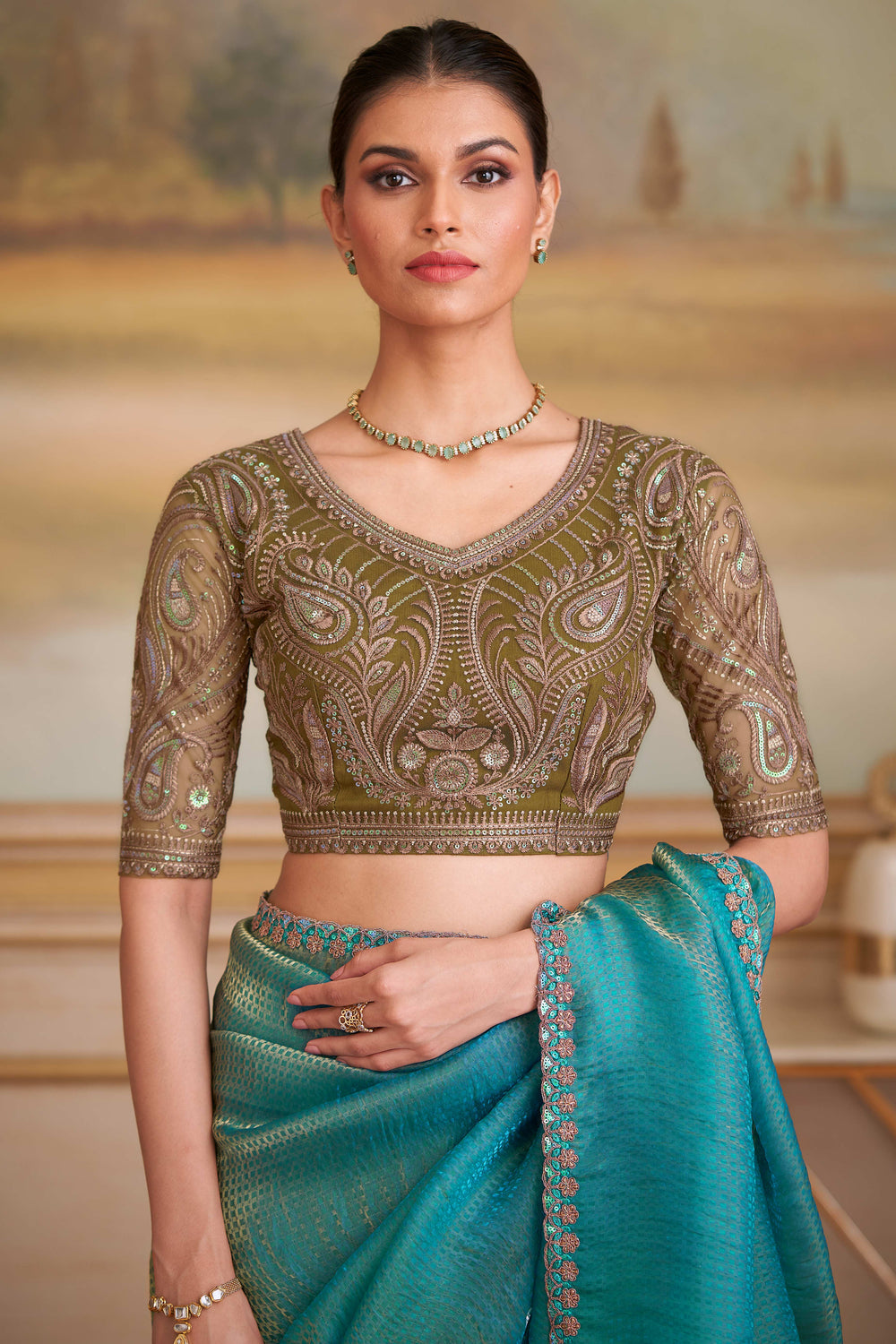 Golden Blue Pure Georgette Silk With Floral Sequins Saree