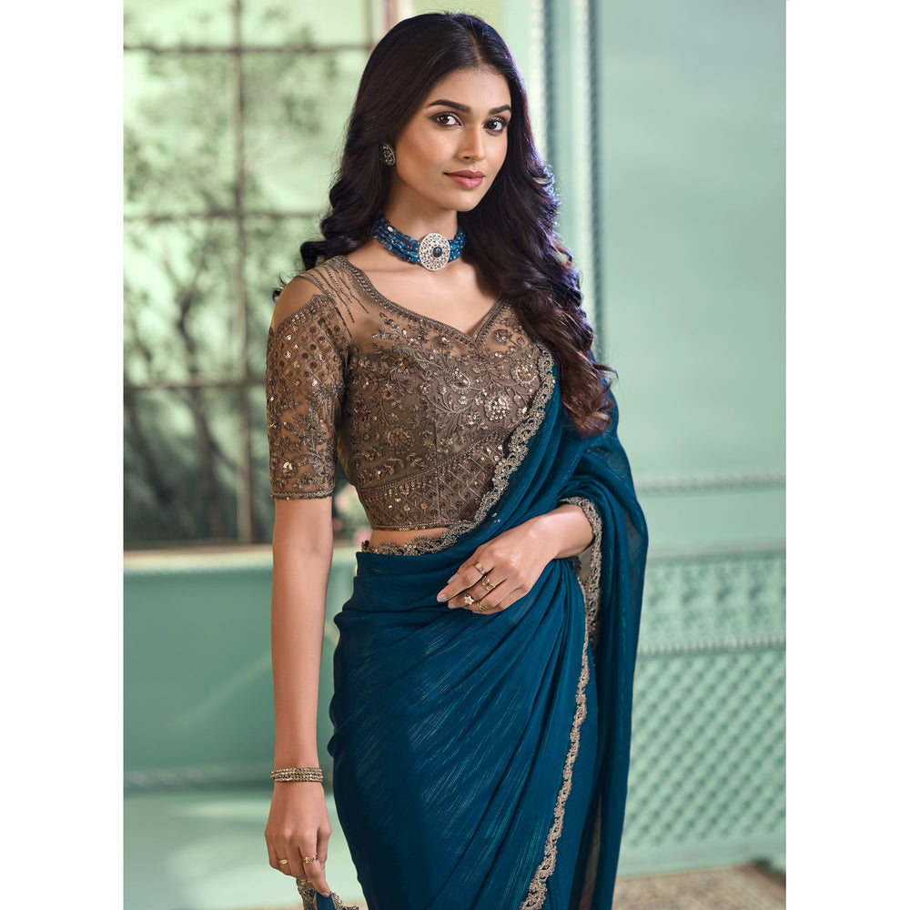 Teal Pure Georgette Burberry Silk With Floral Sequins Saree