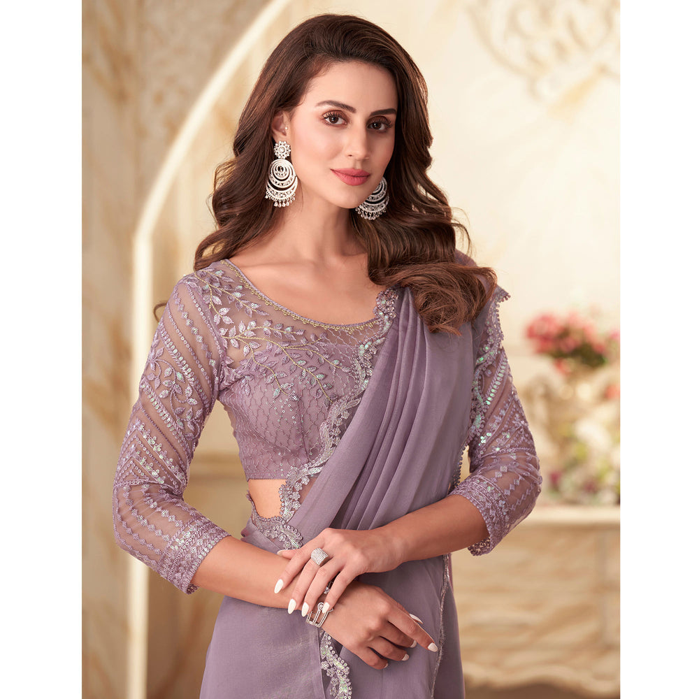 Lavender Pure Georgette Burberry Silk With Floral Sequins Saree