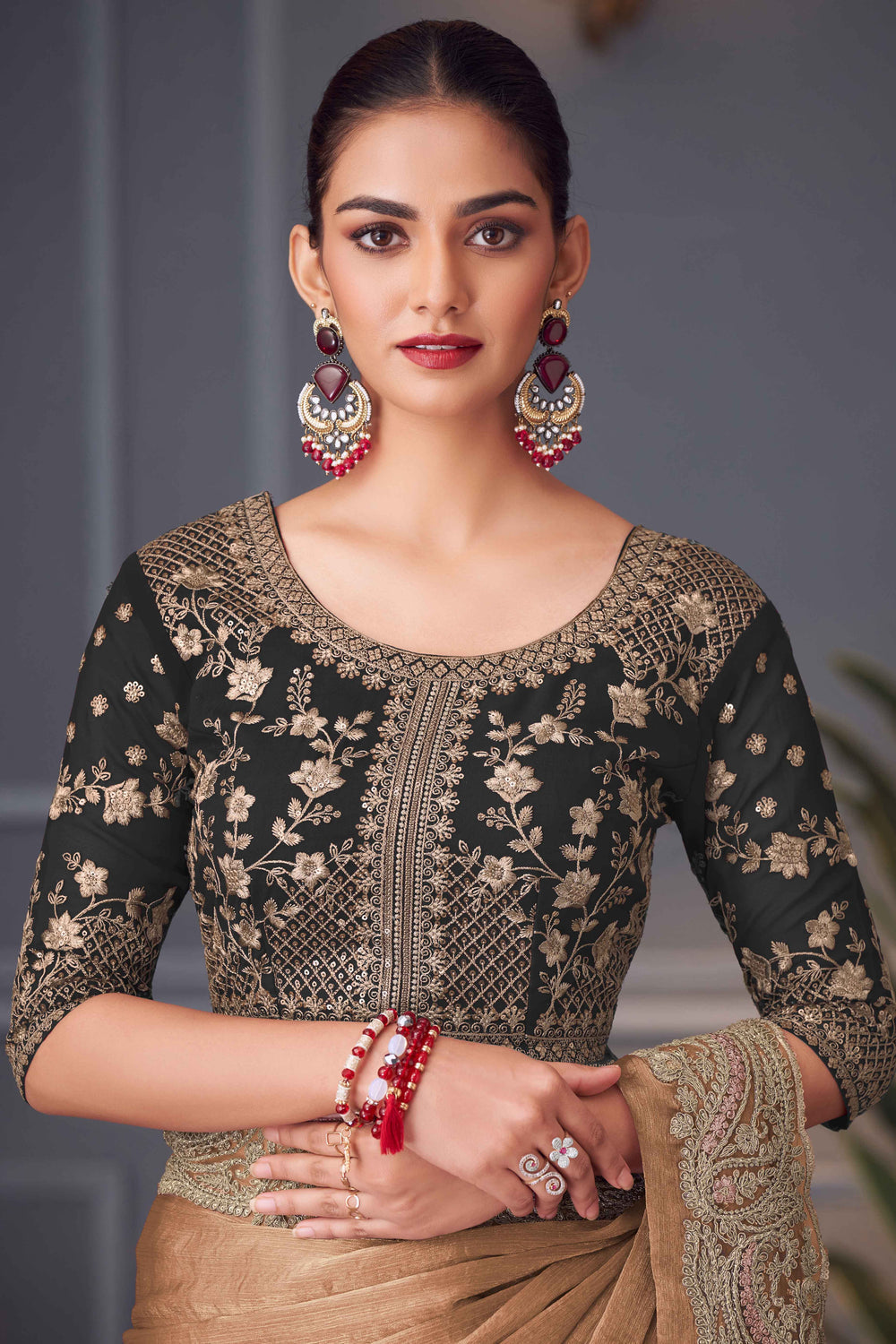 Brown Pure Georgette Chiffon With Embroidery Sequins Saree