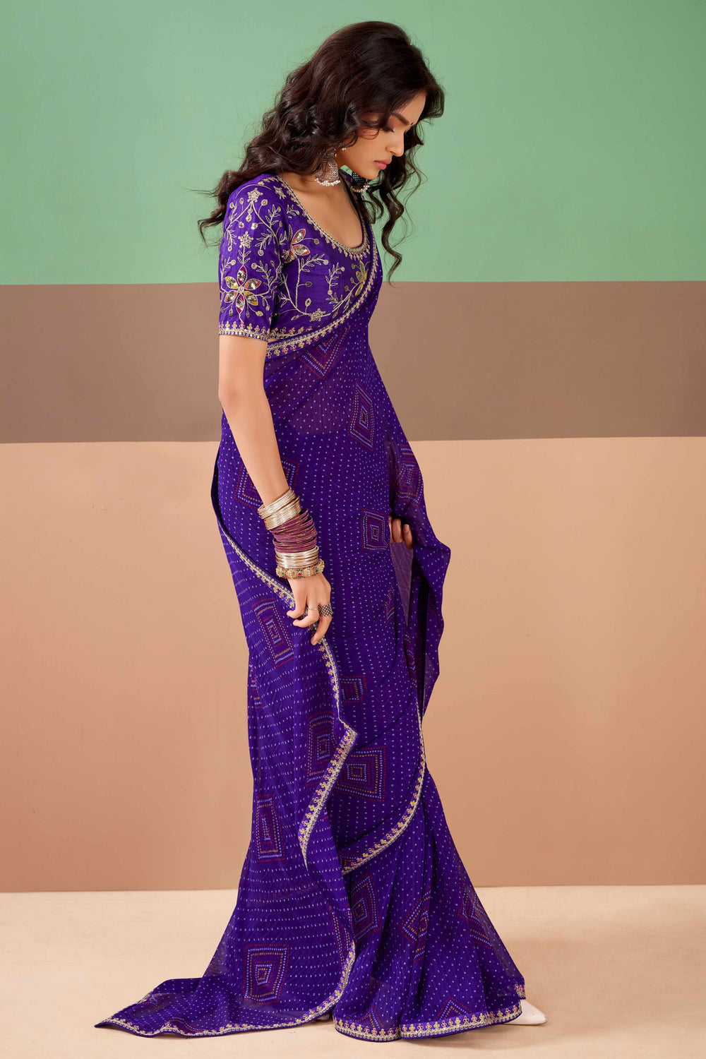 Purple Pure Georgette Chiffon Bandhani Print Saree