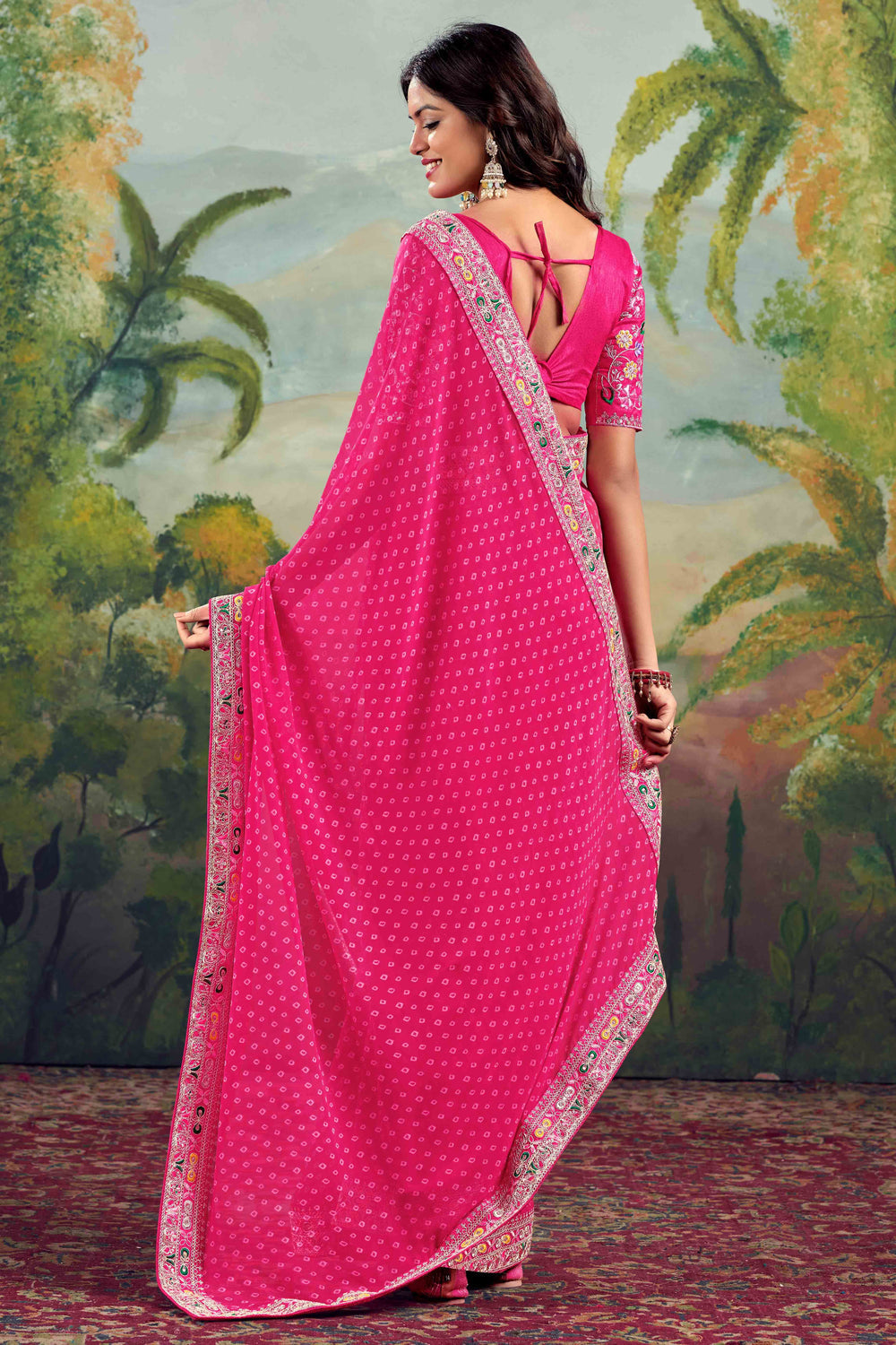 Pink Bandhani Printed Georgette Saree With Embroidered Border