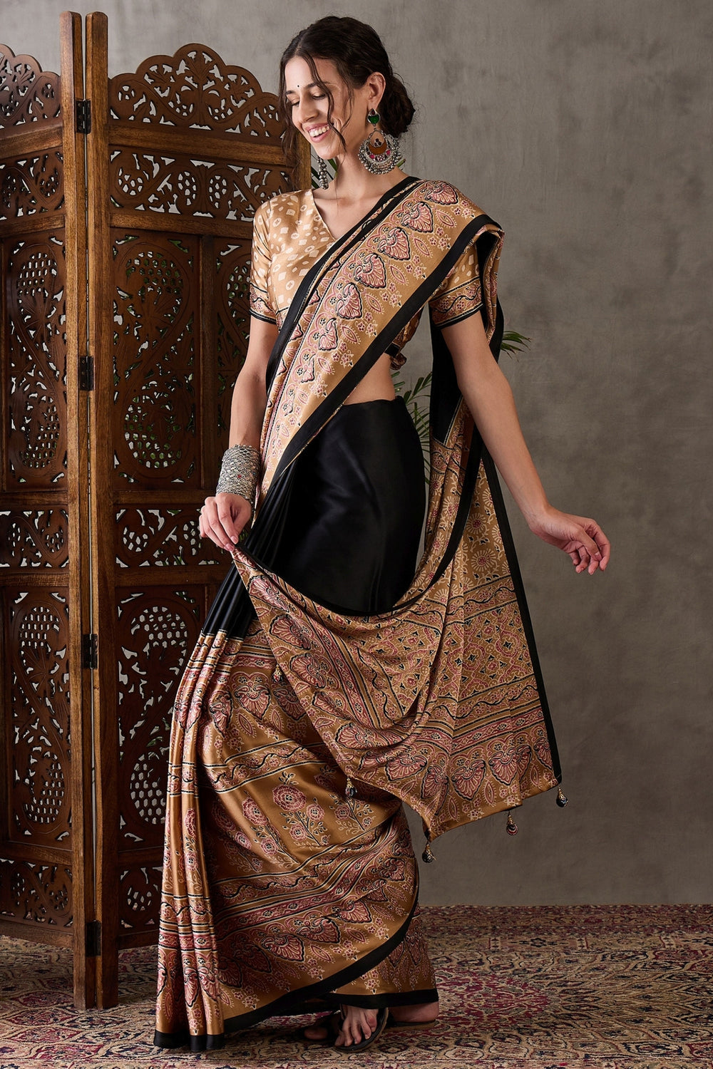 Ebony Black Pure Soft Modal Satin Ajrakh Print Satin Saree Japan Satin Saree Anant Tex Exports Pvt.Ltd..