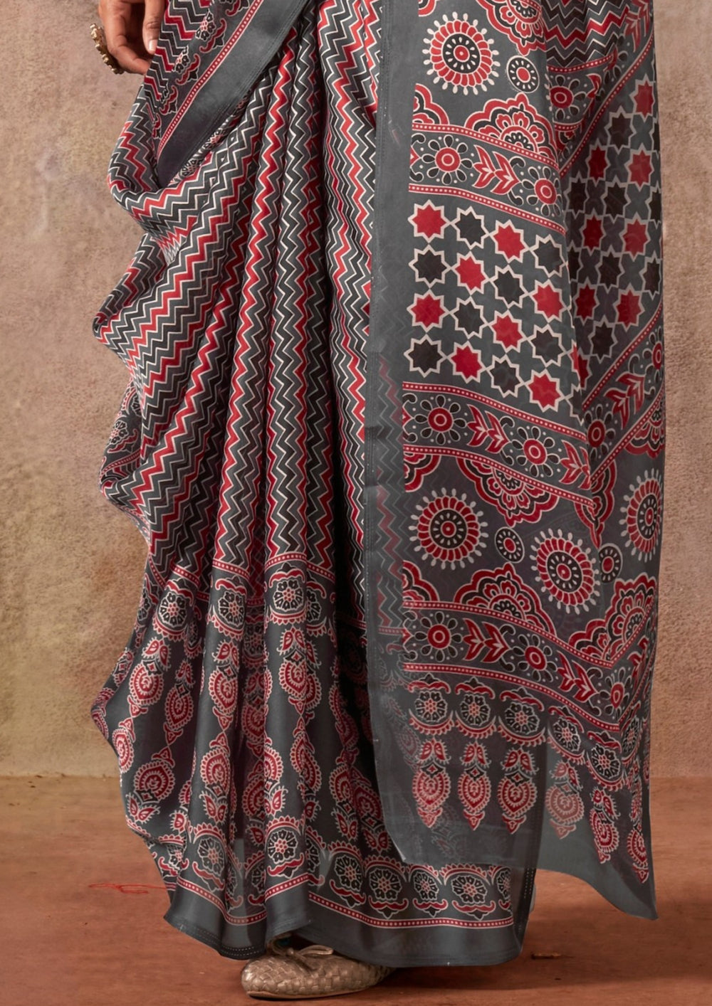 Grey Ajrakh Printed Satin Georgette Silk Saree