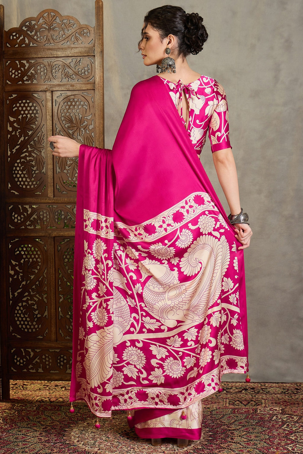 Pink Kalamkari Printed Satin Silk Saree