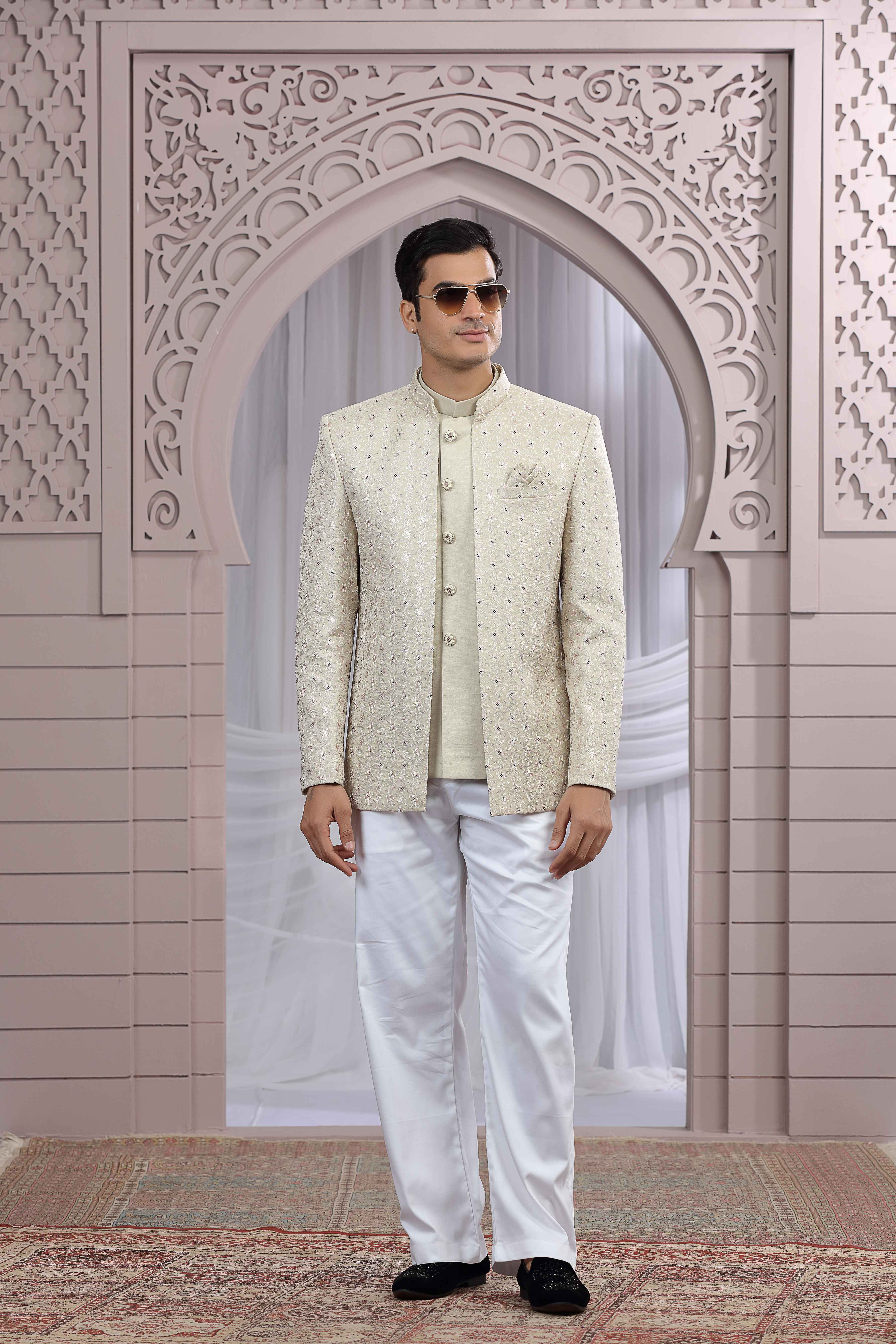 Beige Jodhpuri Suit with Thread Work Jacket Jodhpuri suit Anant Tex Exports Pvt.Ltd..