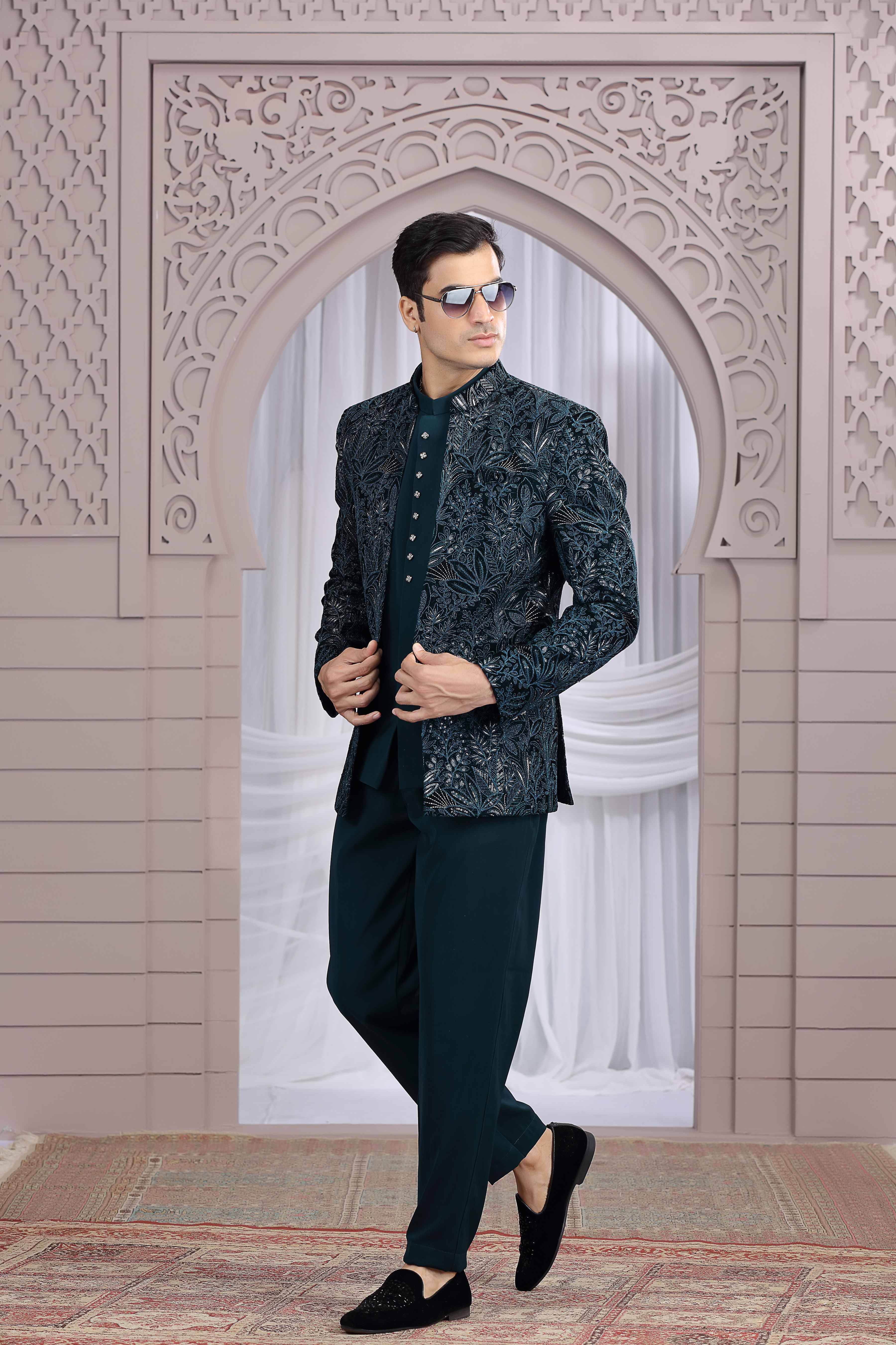 Royal Teal Green Jodhpuri Suit with Embroidered Jacket Jodhpuri suit Anant Tex Exports Pvt.Ltd..