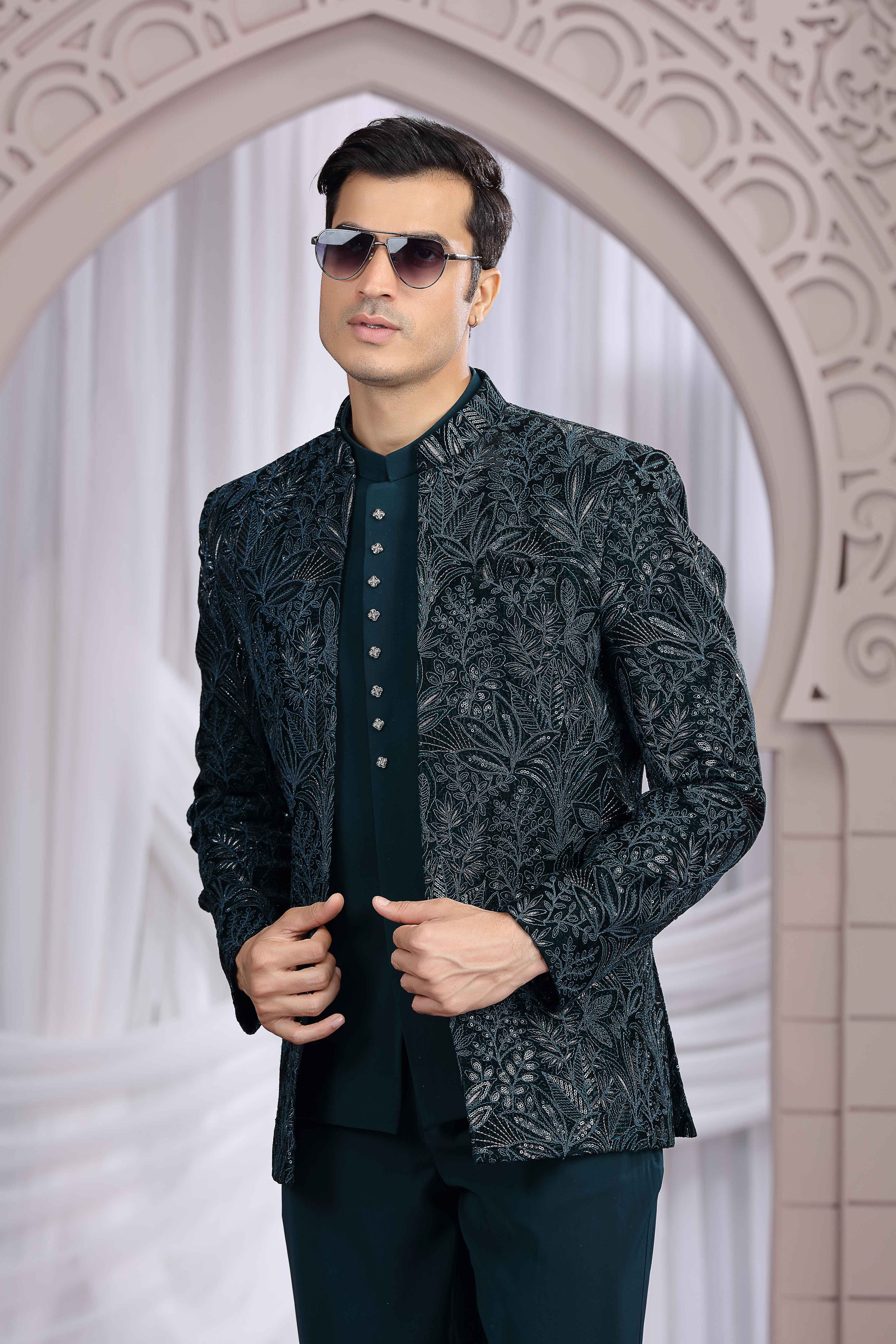 Royal Teal Green Jodhpuri Suit with Embroidered Jacket Jodhpuri suit Anant Tex Exports Pvt.Ltd..