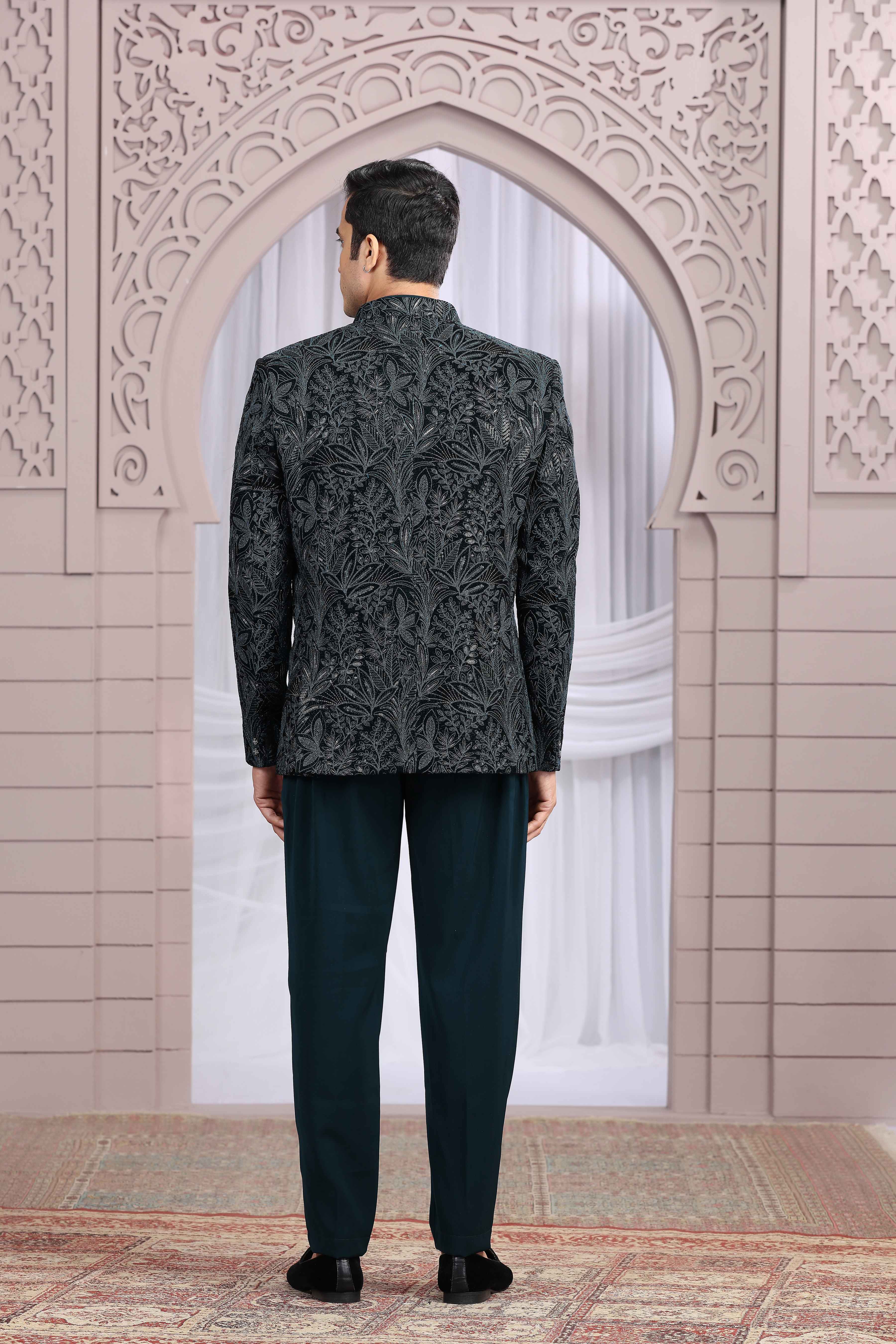Royal Teal Green Jodhpuri Suit with Embroidered Jacket Jodhpuri suit Anant Tex Exports Pvt.Ltd..