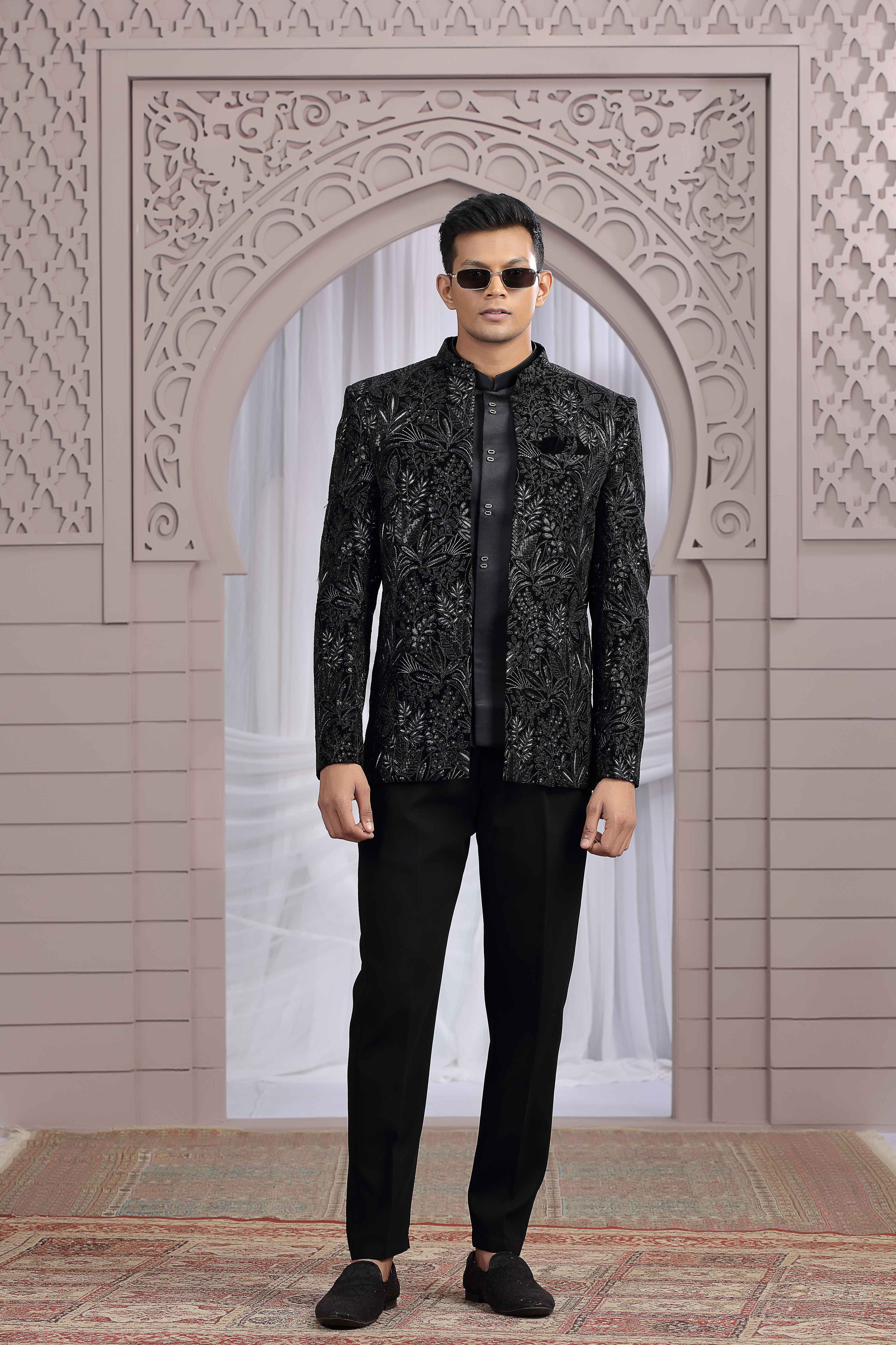 Black Velvet Jodhpuri Suit with Heavy Thread Embroidery Jodhpuri suit Anant Tex Exports Pvt.Ltd..
