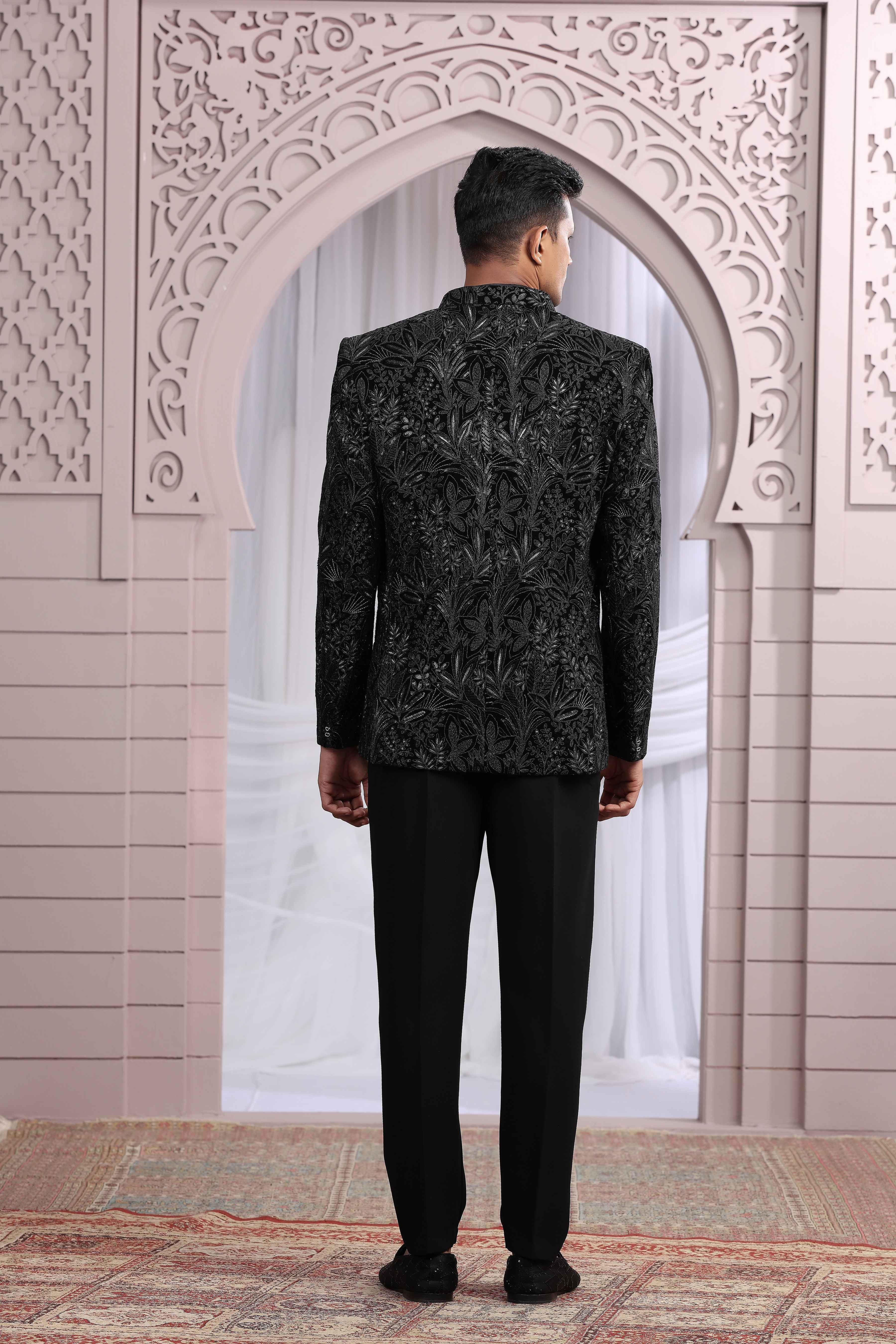 Black Velvet Jodhpuri Suit with Heavy Thread Embroidery Jodhpuri suit Anant Tex Exports Pvt.Ltd..