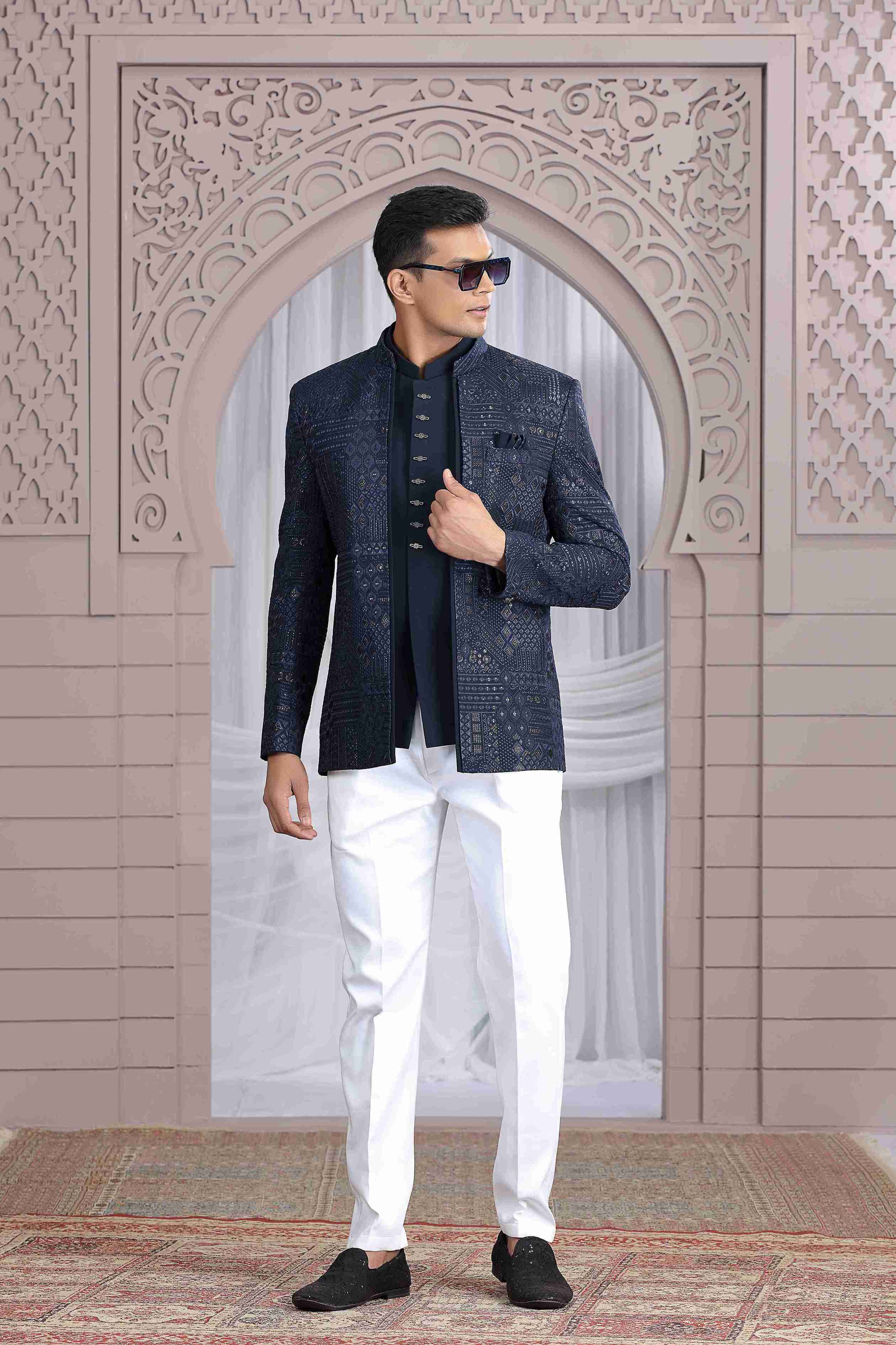 Navy Blue Jodhpuri Suit with Exclusive Thread Work Jacket Jodhpuri suit Anant Tex Exports Pvt.Ltd..