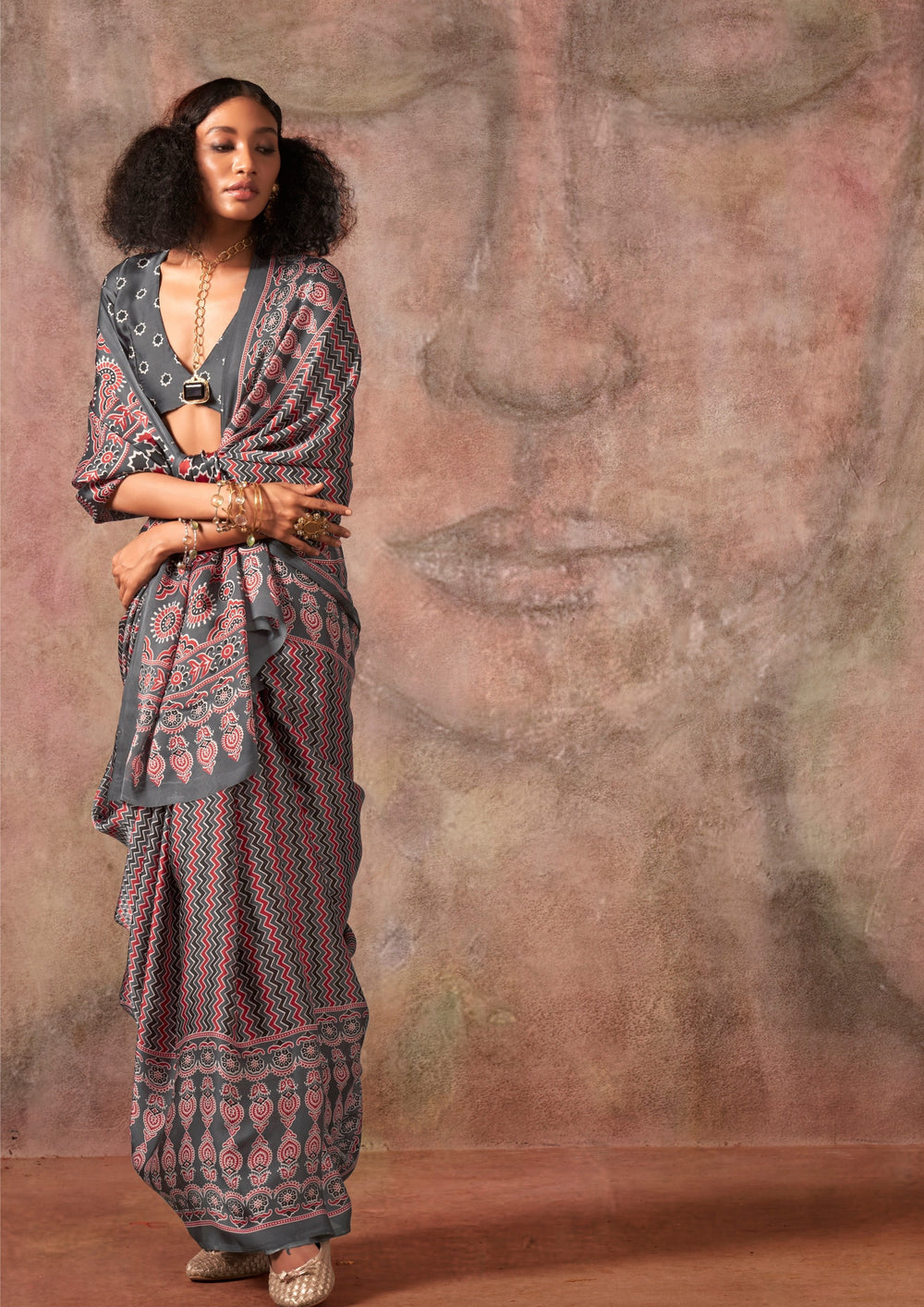 Grey Ajrakh Printed Satin Georgette Silk Saree