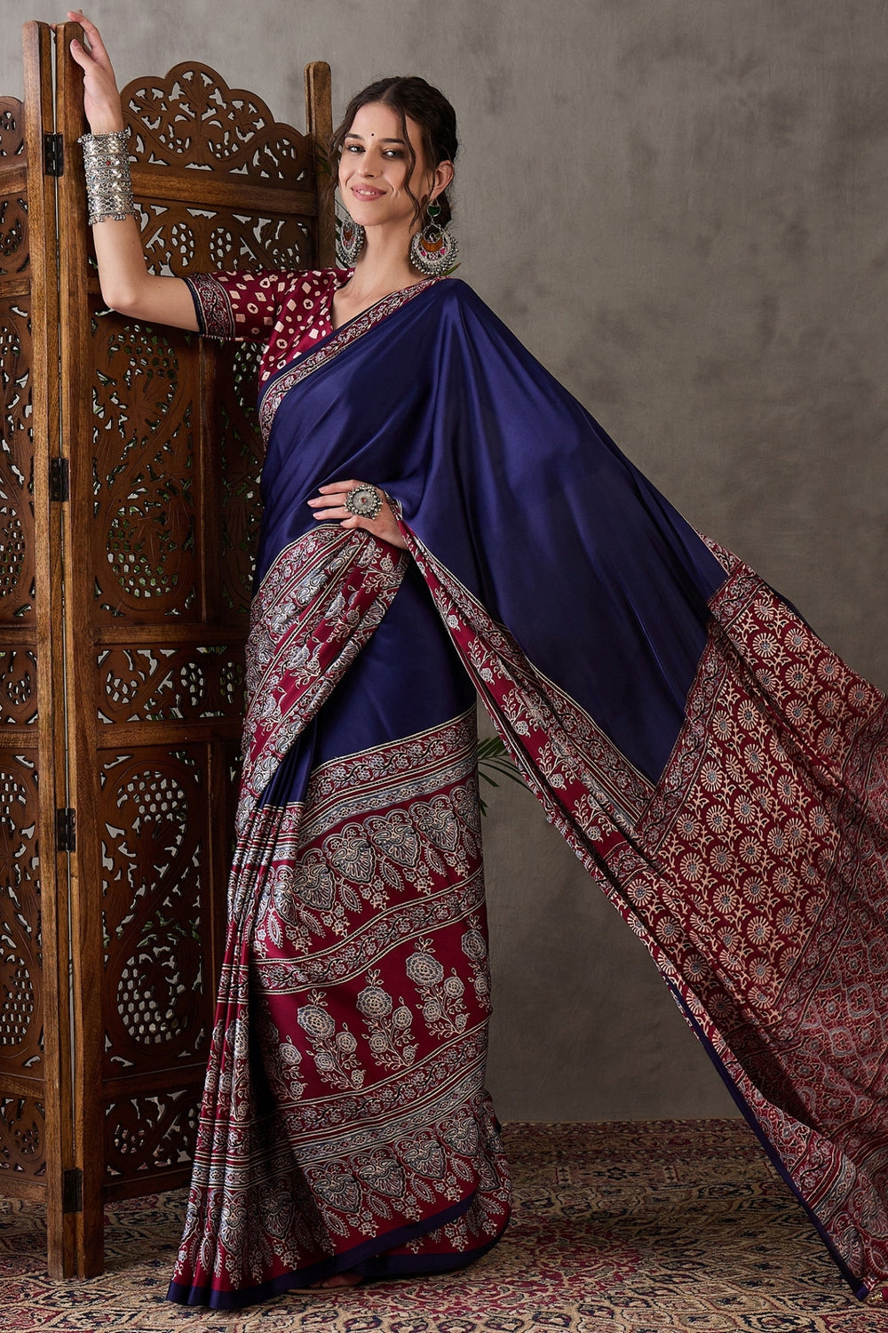 Navy Blue Pure Soft Modal Satin Ajrakh Print Satin Saree Japan Satin Saree Anant Tex Exports Pvt.Ltd..