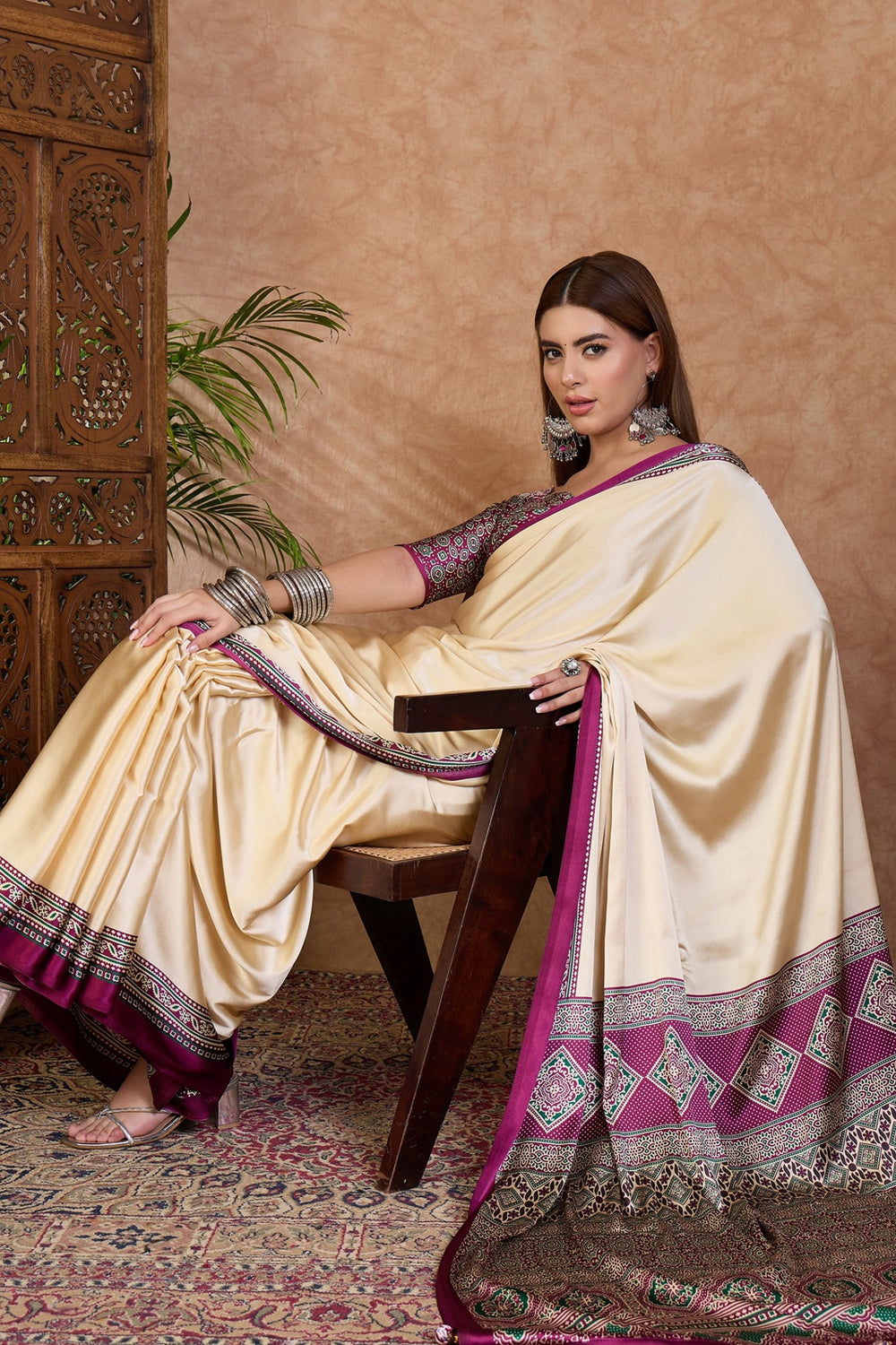 Cream and Purple Pure Soft Modal Satin Ajrakh Print Satin Saree Japan Satin Saree Anant Tex Exports Pvt.Ltd..