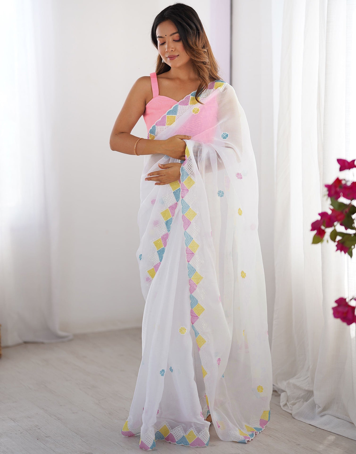 Close up of White Pure Soft Jimmy Choo Saree