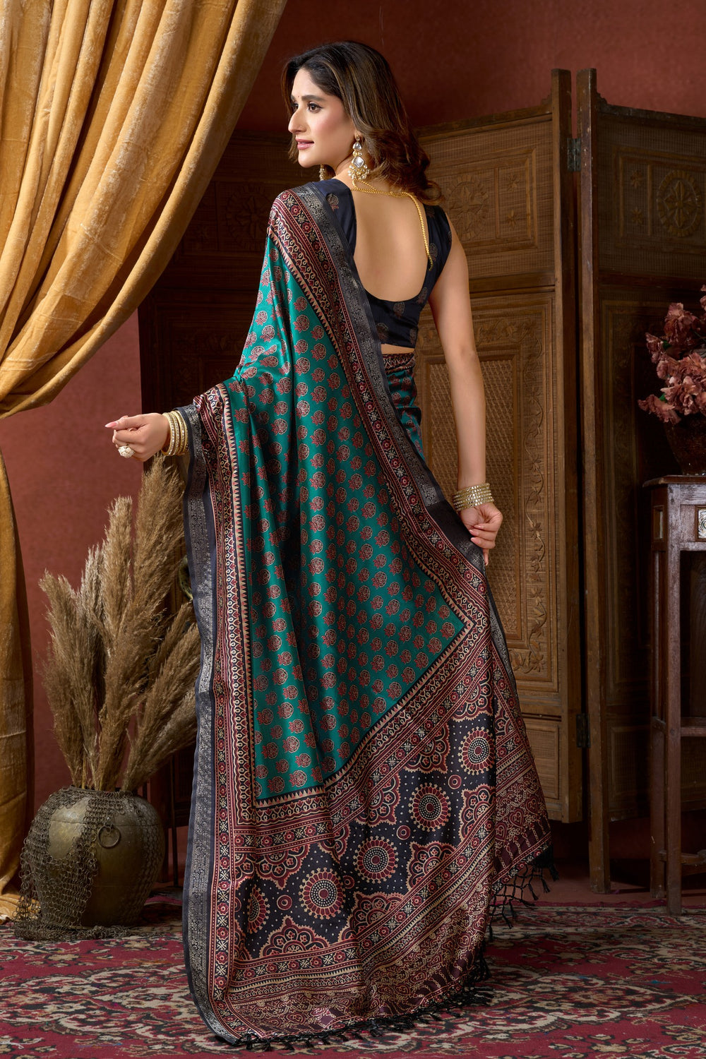 France Blue Pure Cluster Silk Ajarkh Digital Printed Saree