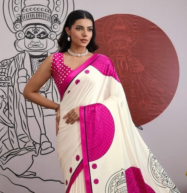 Pink Pure Soft Modal Satin Ajrakh Print Satin Saree Japan Satin Saree Anant Tex Exports Pvt.Ltd..