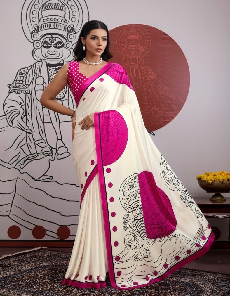 Pink Pure Soft Modal Satin Ajrakh Print Satin Saree Japan Satin Saree Anant Tex Exports Pvt.Ltd..