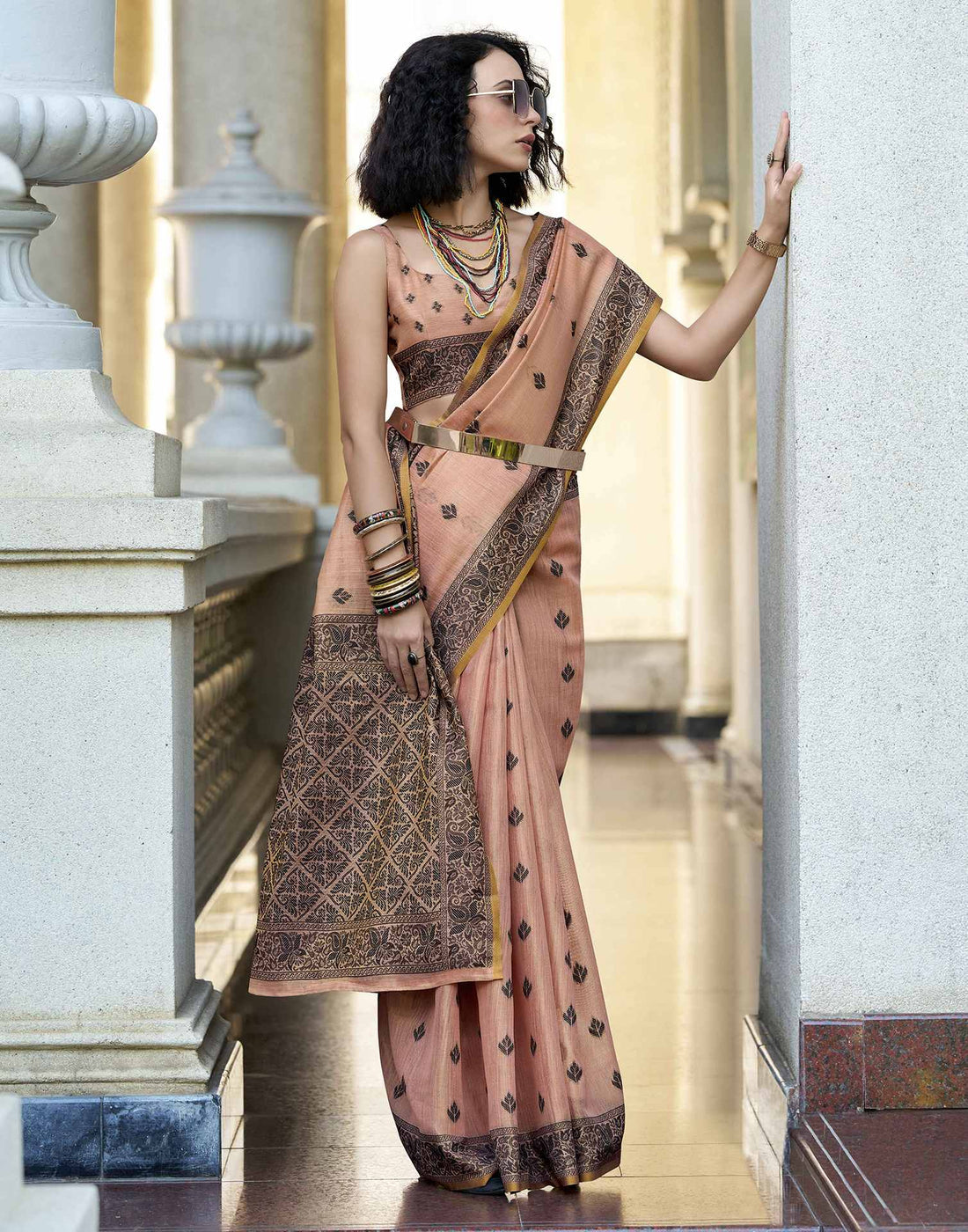 Peach Pure Tussar Linen Handloom Silk With Weaving Silk Saree