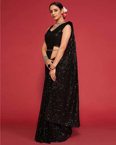 Black Pure Chiffon Sequins Embroidery Work Ready to Wear Saree