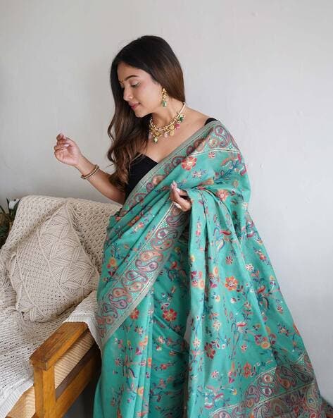 Green Pure Soft Pashmina Kachi Work Saree Pashmina Saree Anant Tex Exports Pvt.Ltd..