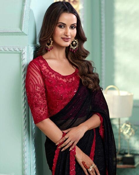 Black Pure Georgette Burberry Silk With Floral Sequins Saree