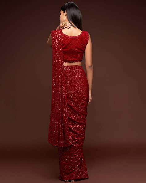 Red Pure Chiffon Sequins Embroidery Work Ready to Wear Saree