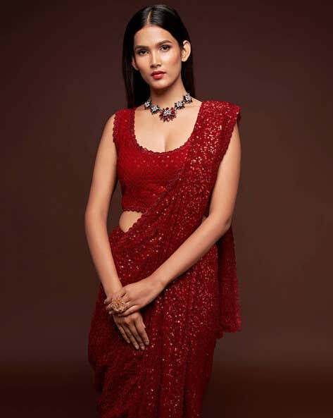 Red Pure Chiffon Sequins Embroidery Work Ready to Wear Saree